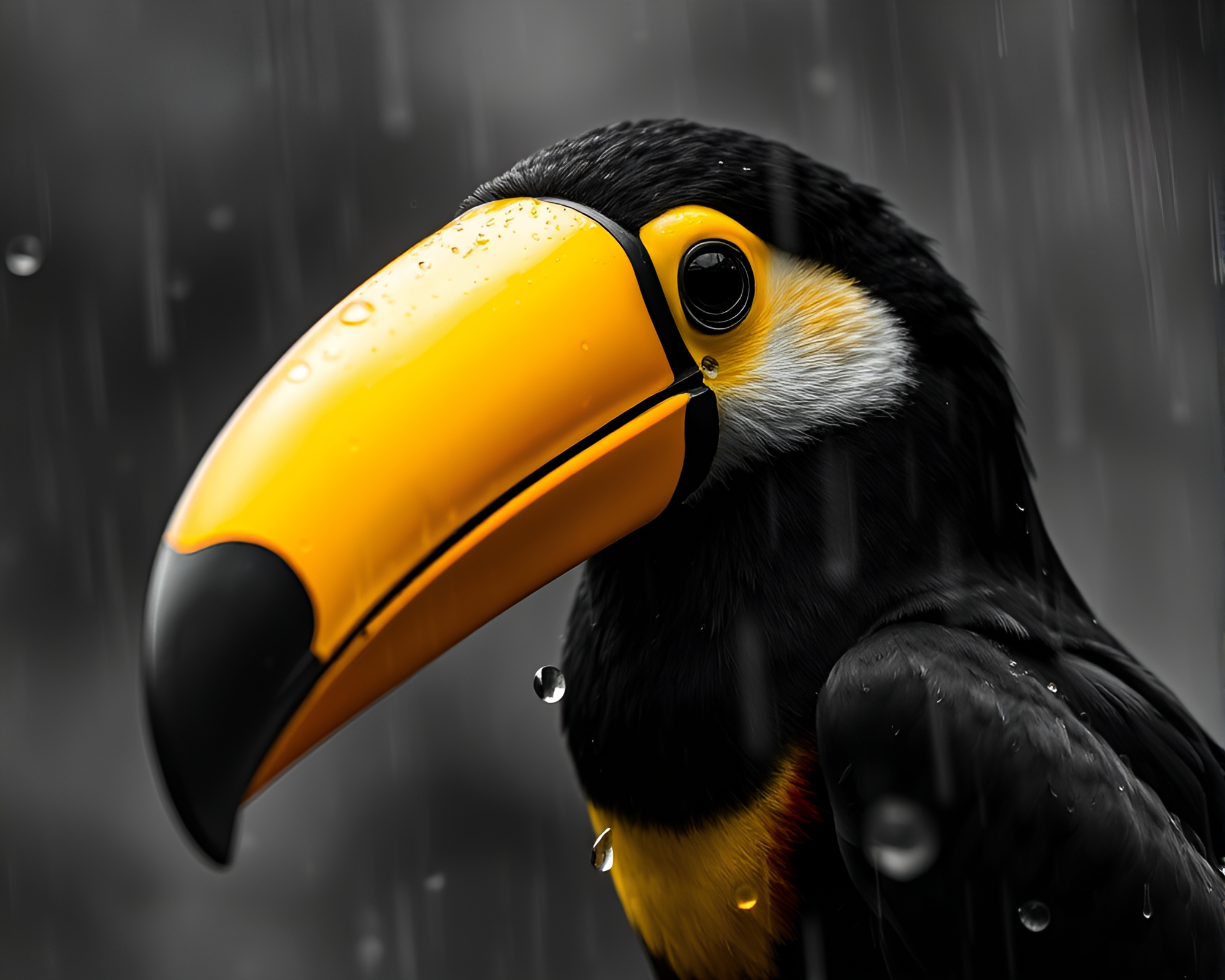 Rainy Monochrome Yellow Toucan Artistic Composition – free AI stock image