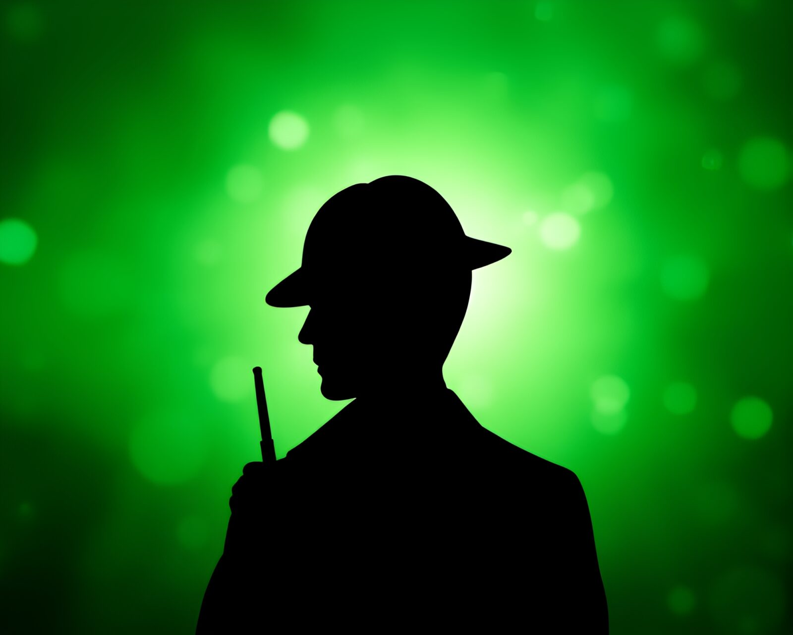 Silhouette of Sherlock Holmes in a vibrant green gradient