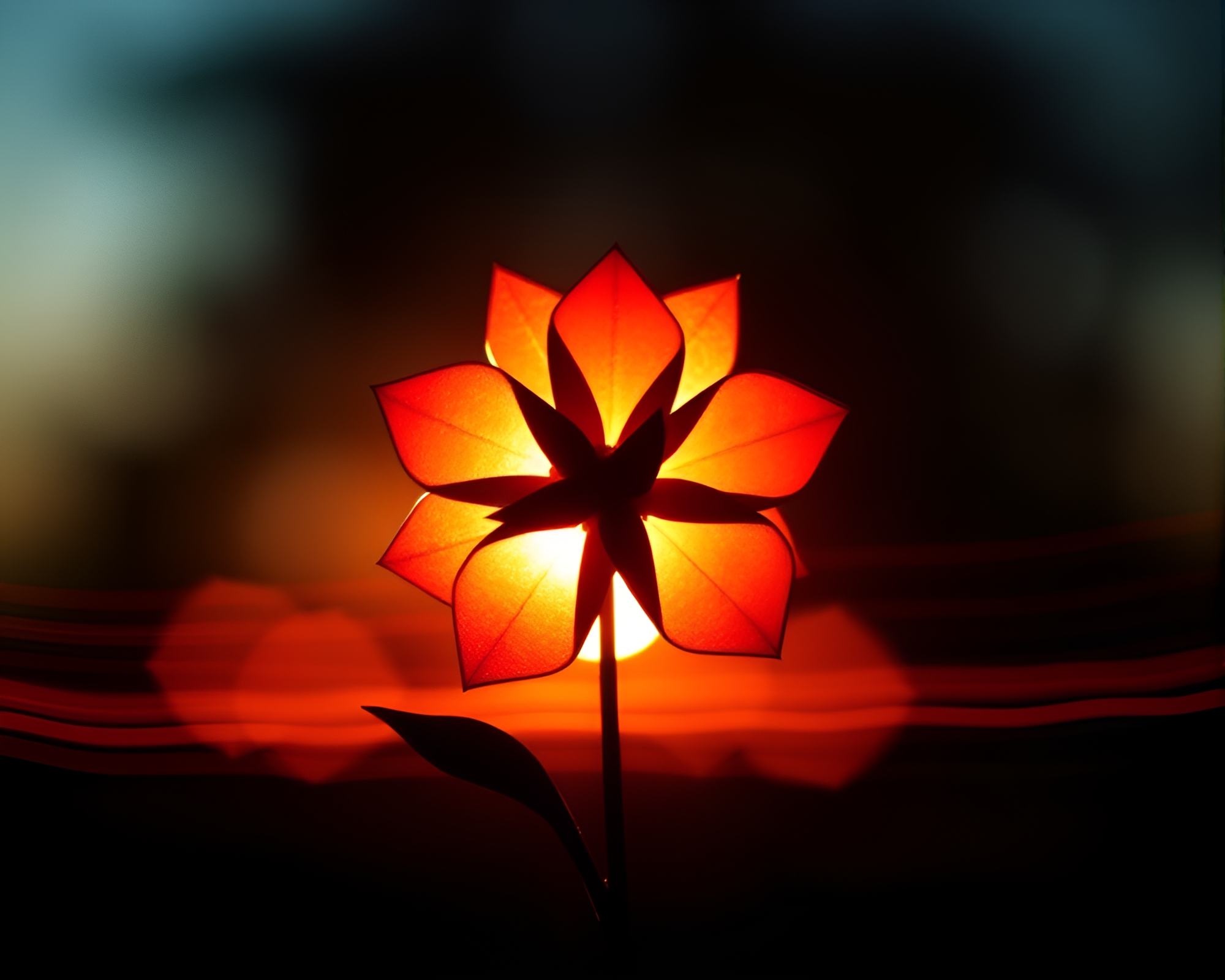 Grunge Origami in Motion: Backlit Silhouette Origami Flower – free AI stock image