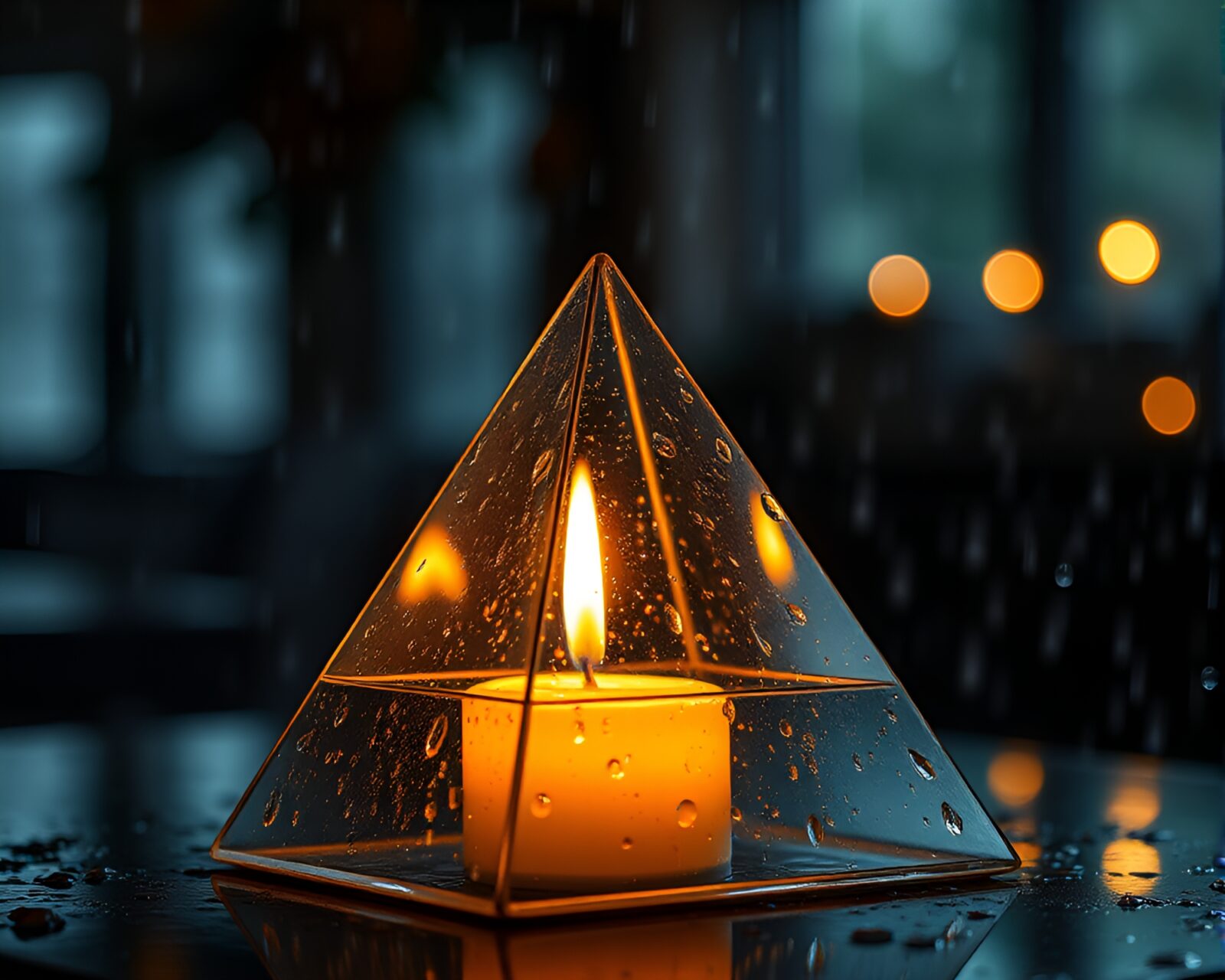 Glass pyramid adorned with rain droplets under candlelit spotlight