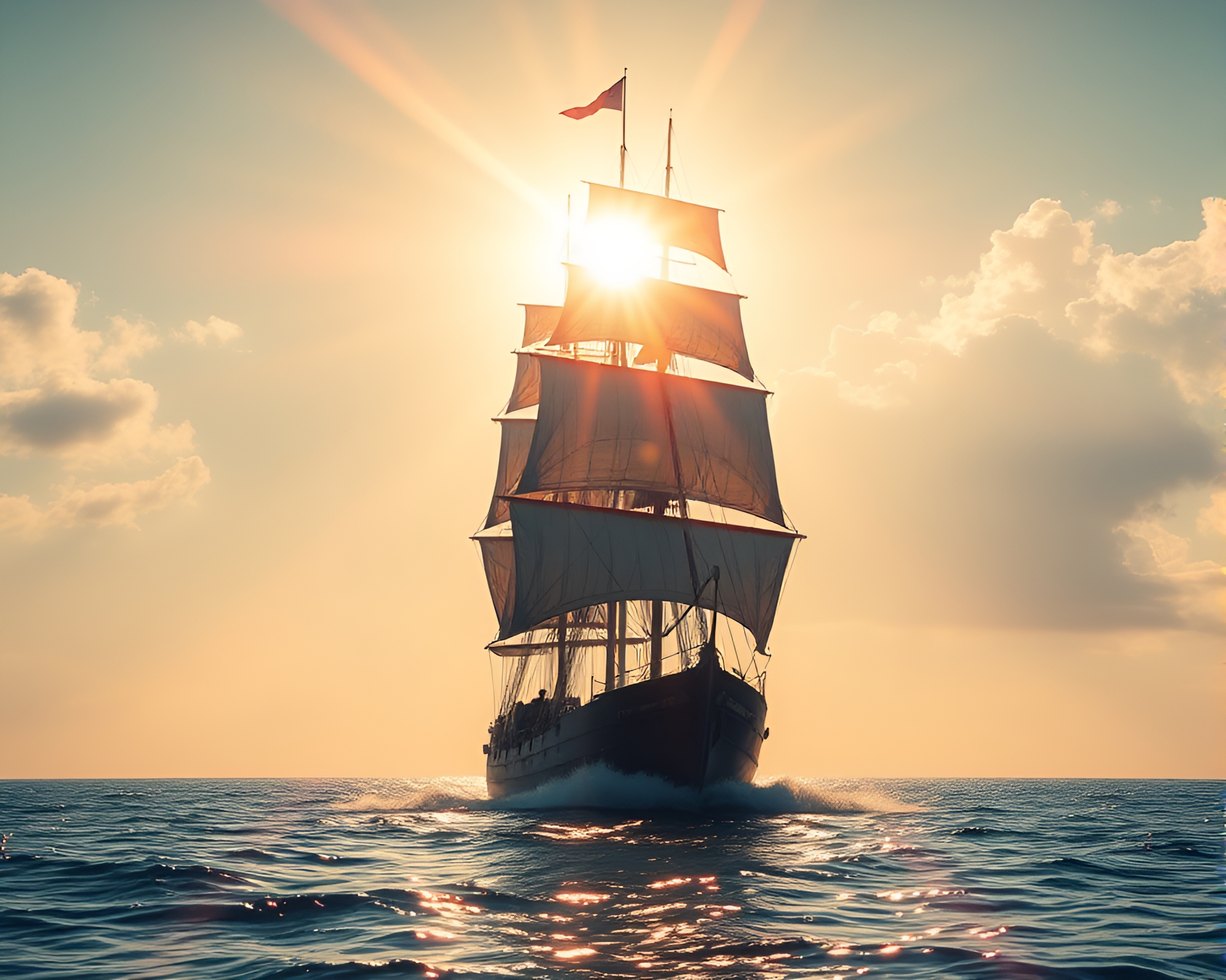 Futuristic Sailing Ship Encounter with Lens Flare Burst – free AI stock image