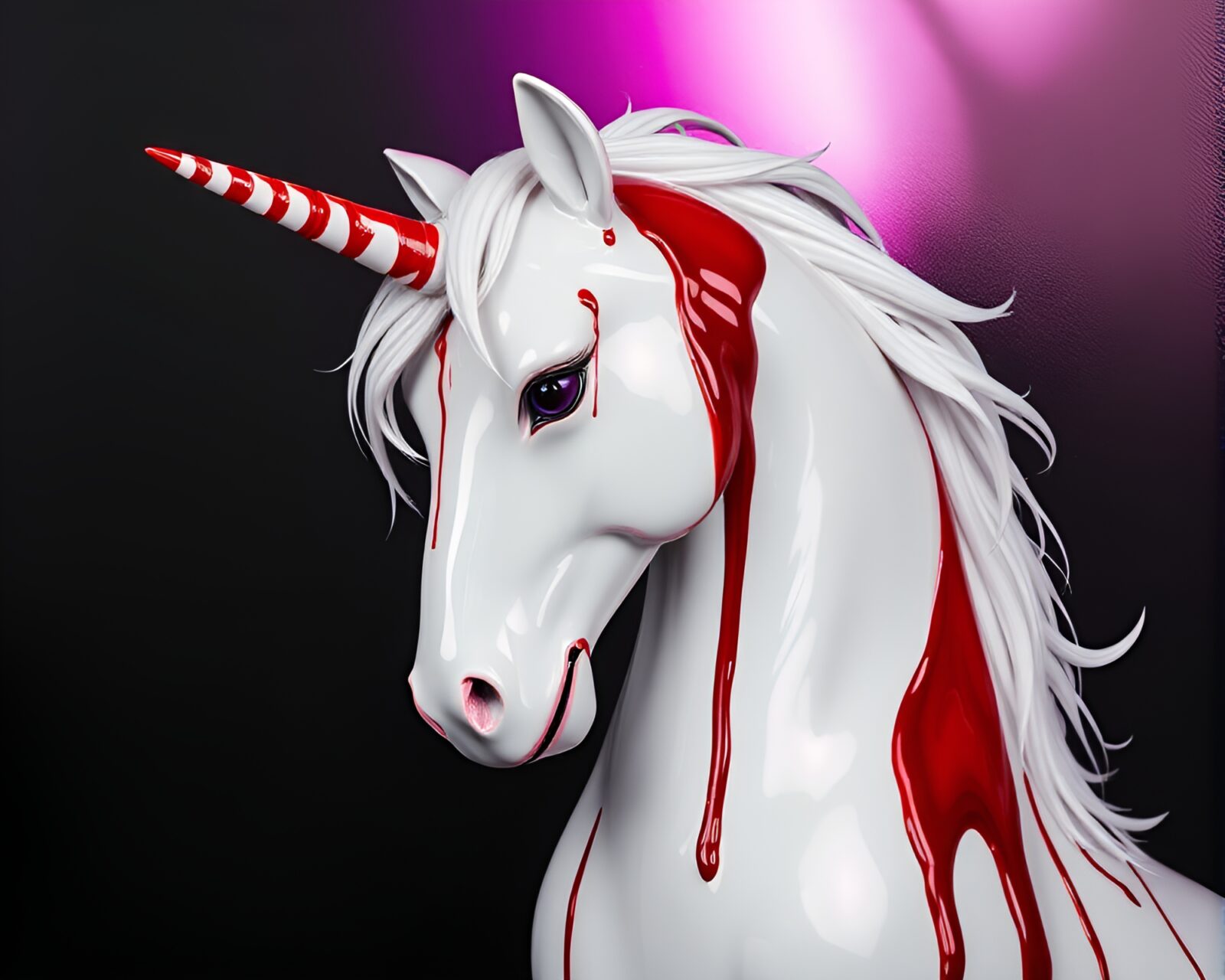 Beautiful unicorn reflecting on chrome surface with dripped ruby red paint