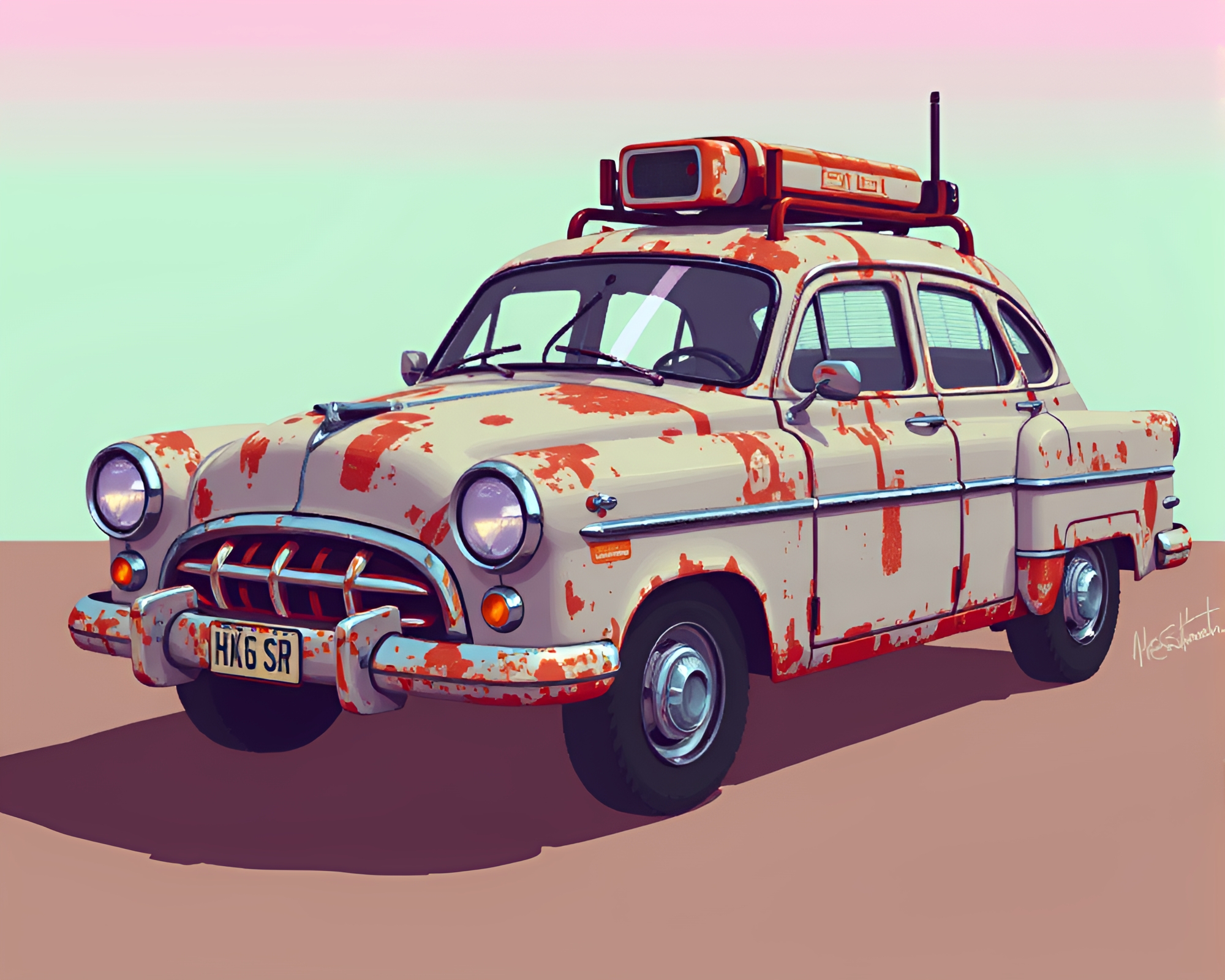 Rust Patina Hover Car Pixel Art Scene – free AI stock image