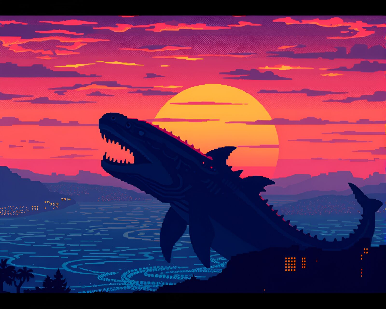 16-bit styled giant sea beast against pixelated skyline