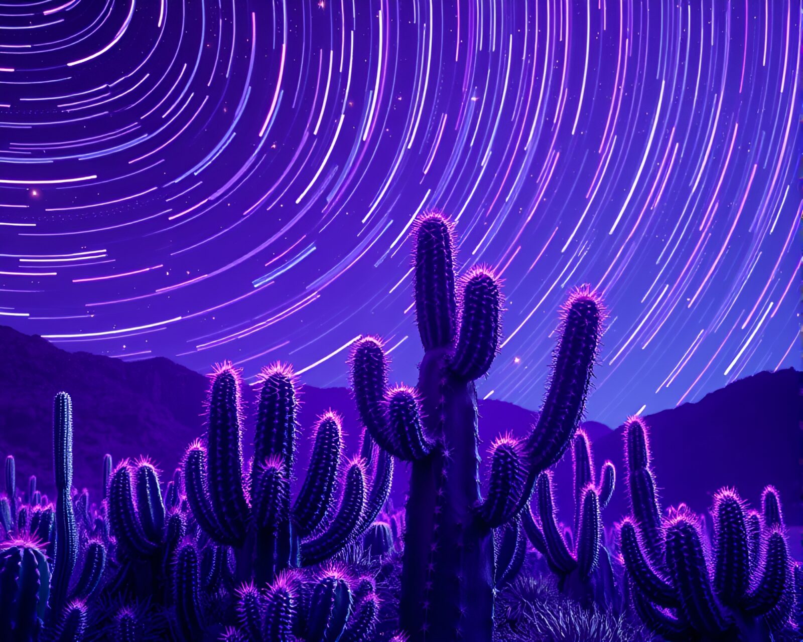Vibrant neon cactus surrounded by swirling star trails
