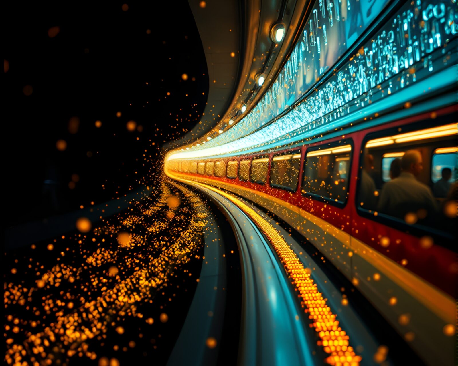 Surreal floating particles surrounding futuristic monorail in space