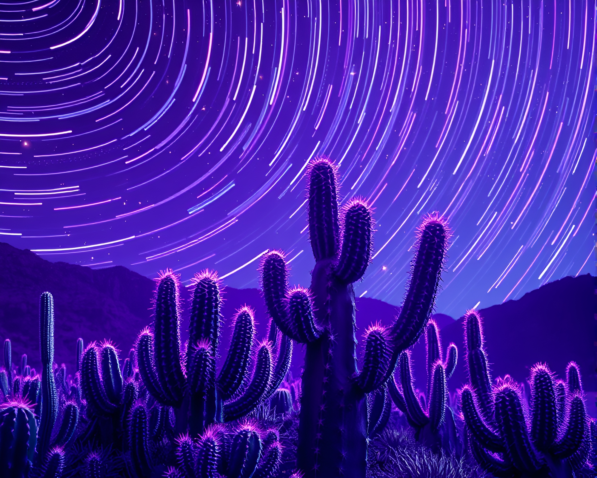 Neon Cactus Star Trails in Cybernetic Amethyst – free AI stock image