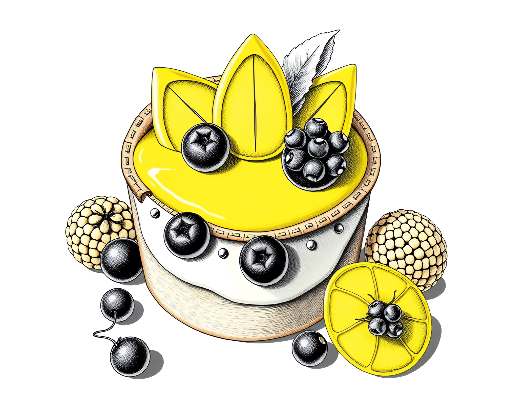 Monochrome Yellow Fruit Tart Beadwork Illustration – free AI stock image