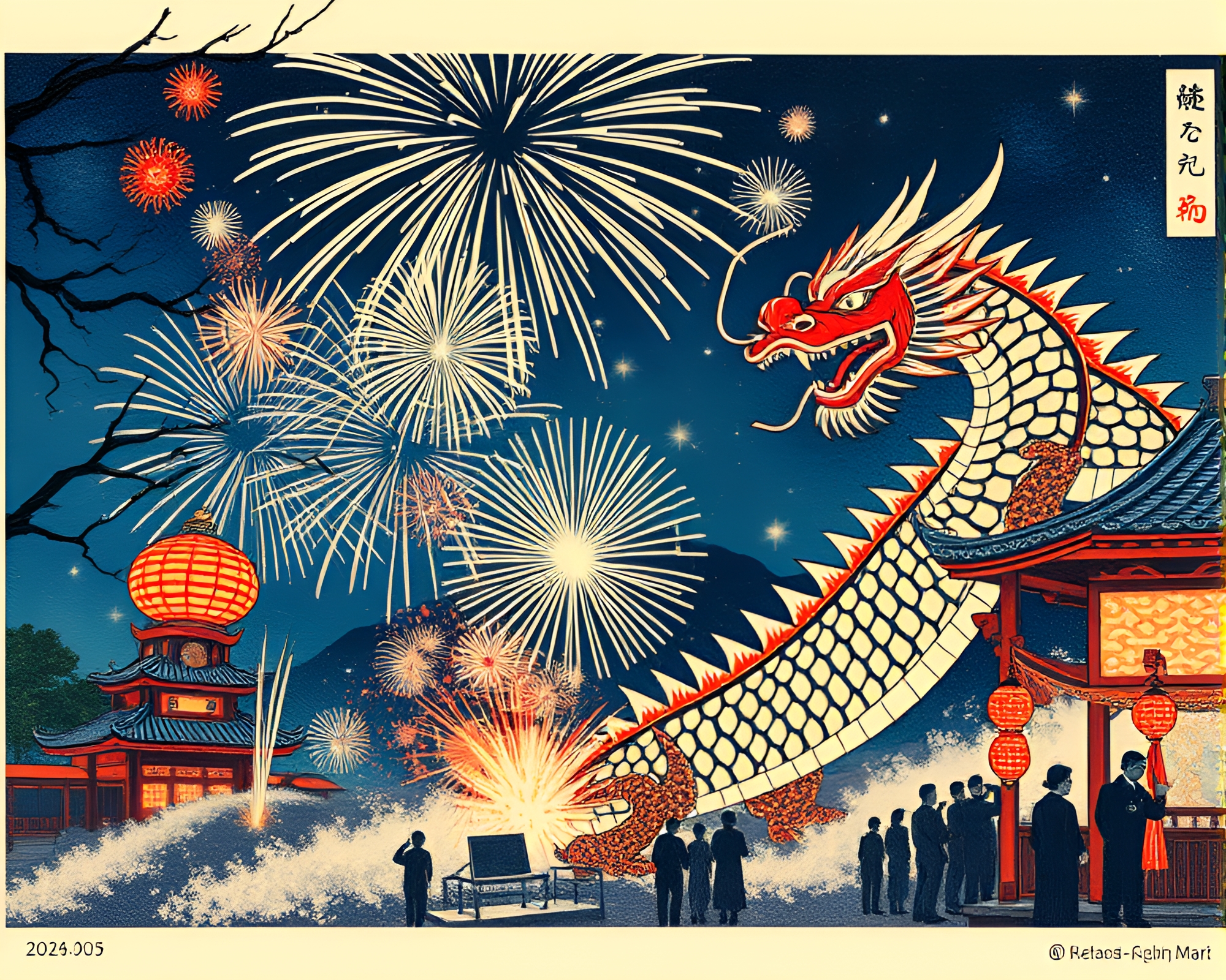 Dragon Woodblock Print at Twilight Festival Celebration – free AI stock image