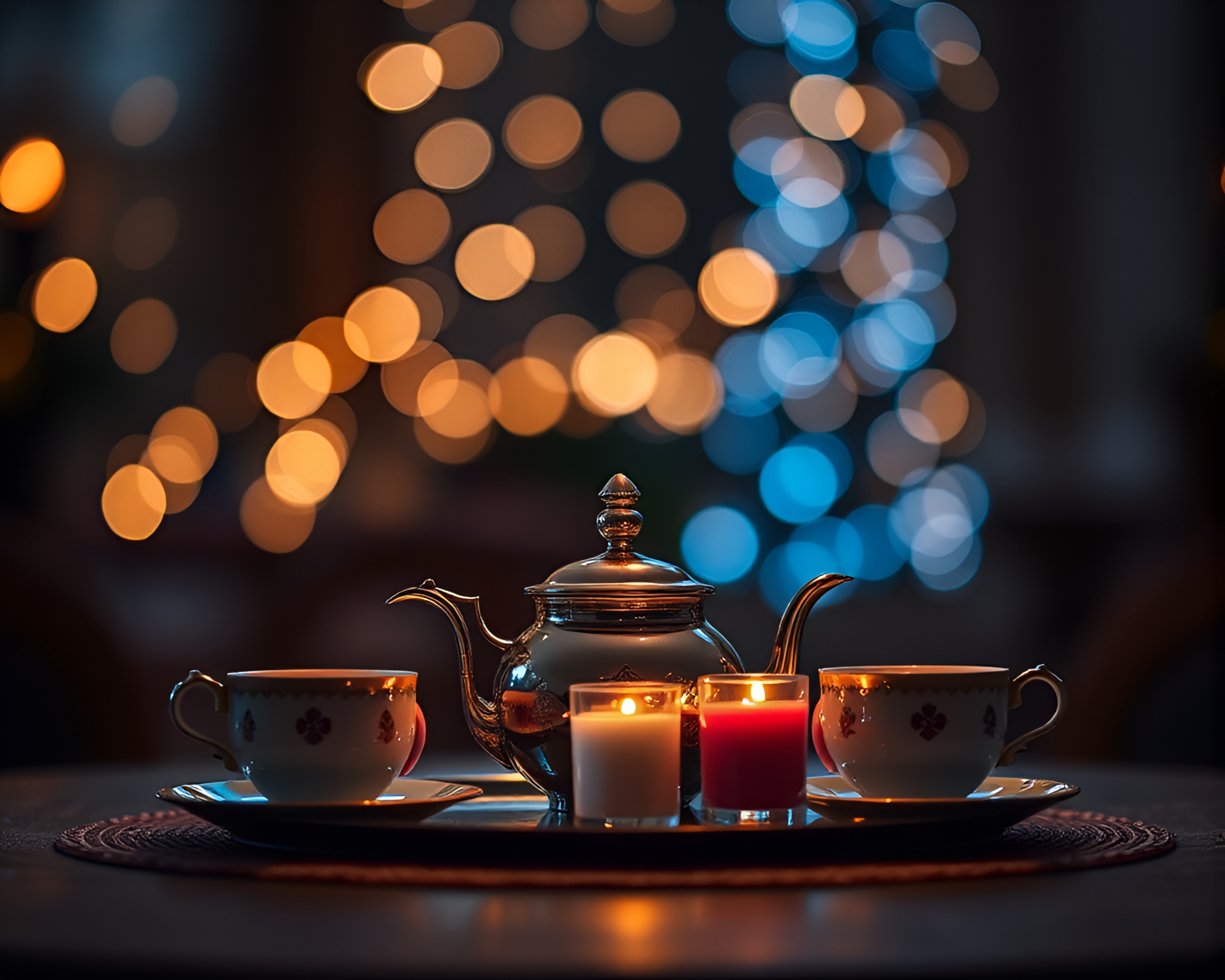 LED Tea Set Illuminated by Bokeh Lights – free AI stock image