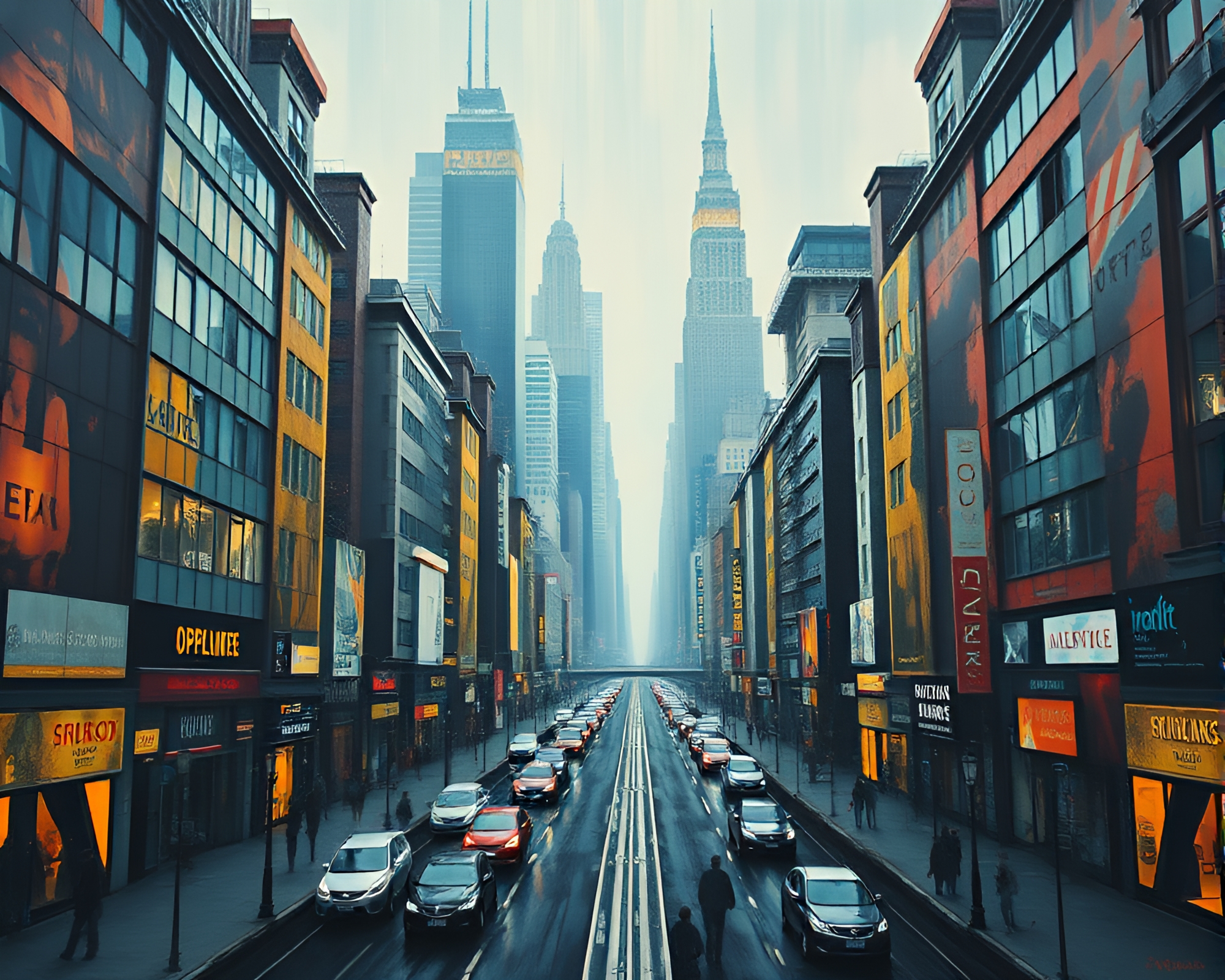 Symmetrical Futuristic Cityscape in Grainy Fresco Style – free AI stock image