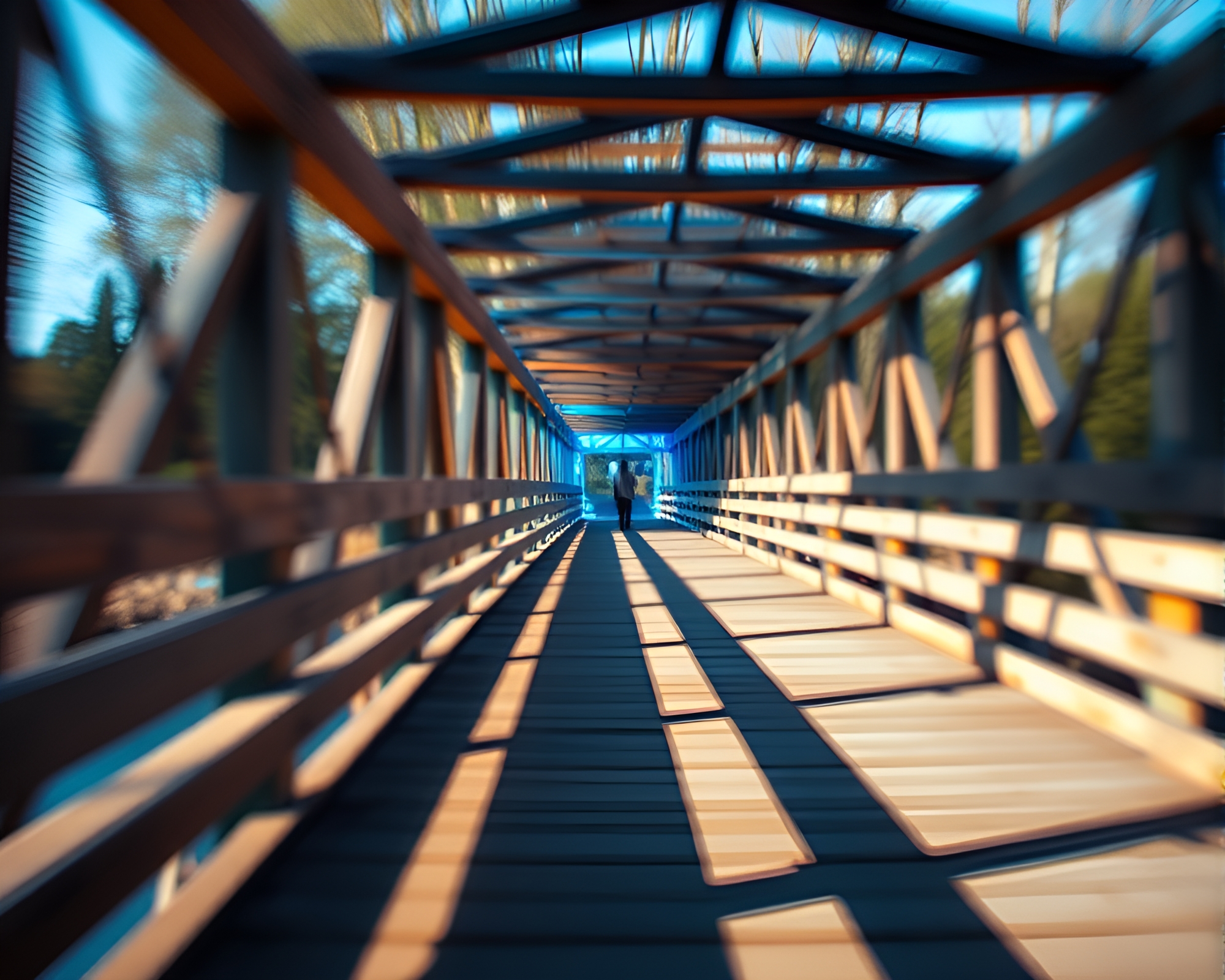Neon Woodland Bridge in Retro Cobalt Hues – free AI stock image