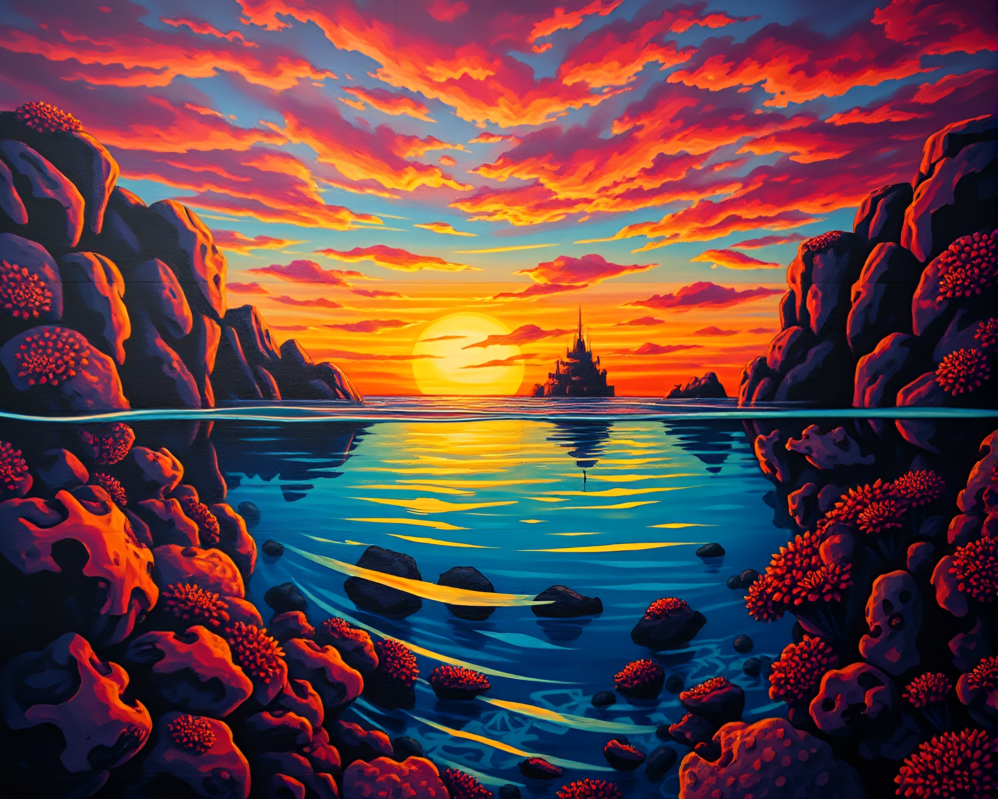 Neon Reef: Golden Hour Glow Mural Painting – free AI stock image