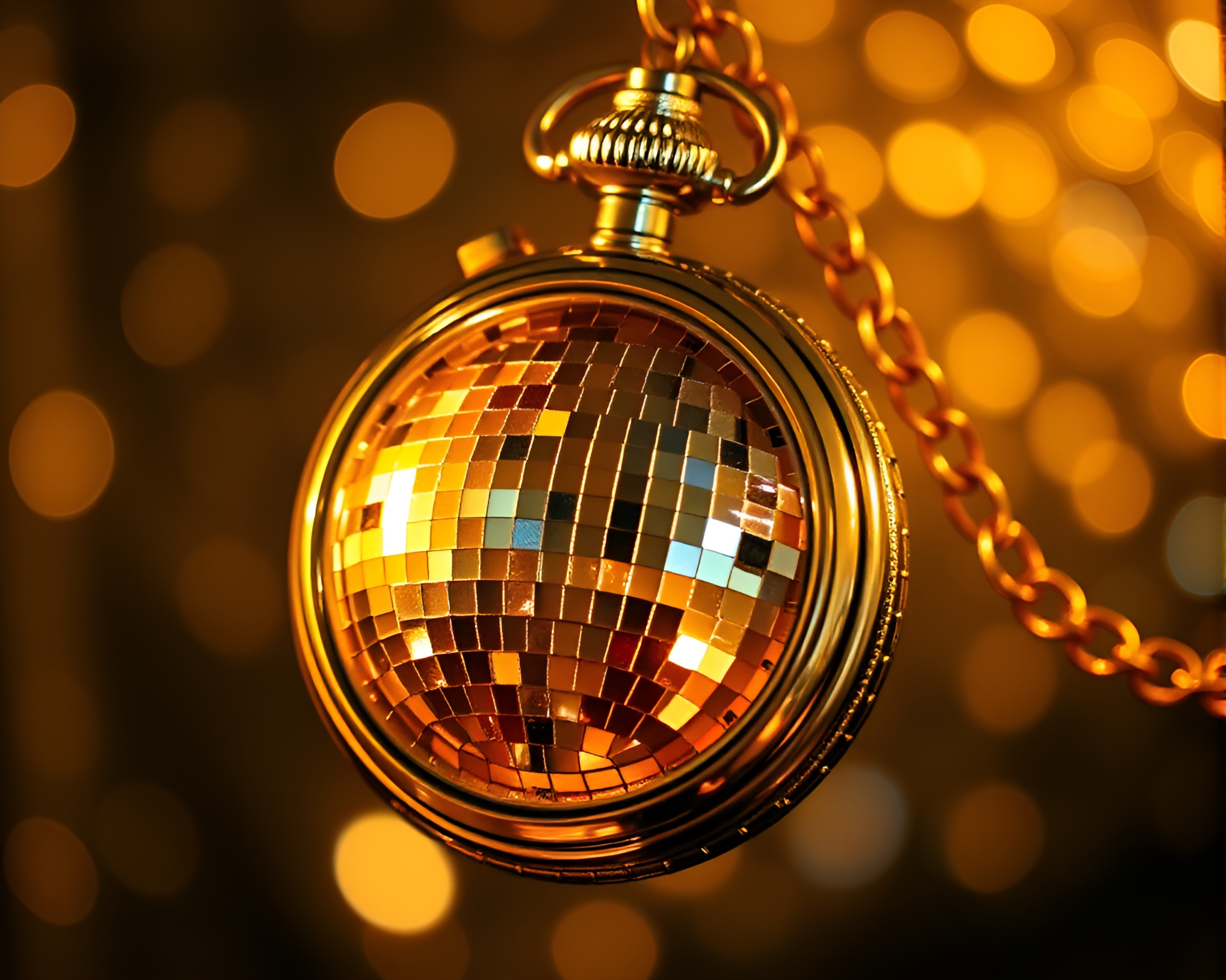 Gilded Pocket Watch in Disco Ball Glow – free AI stock image