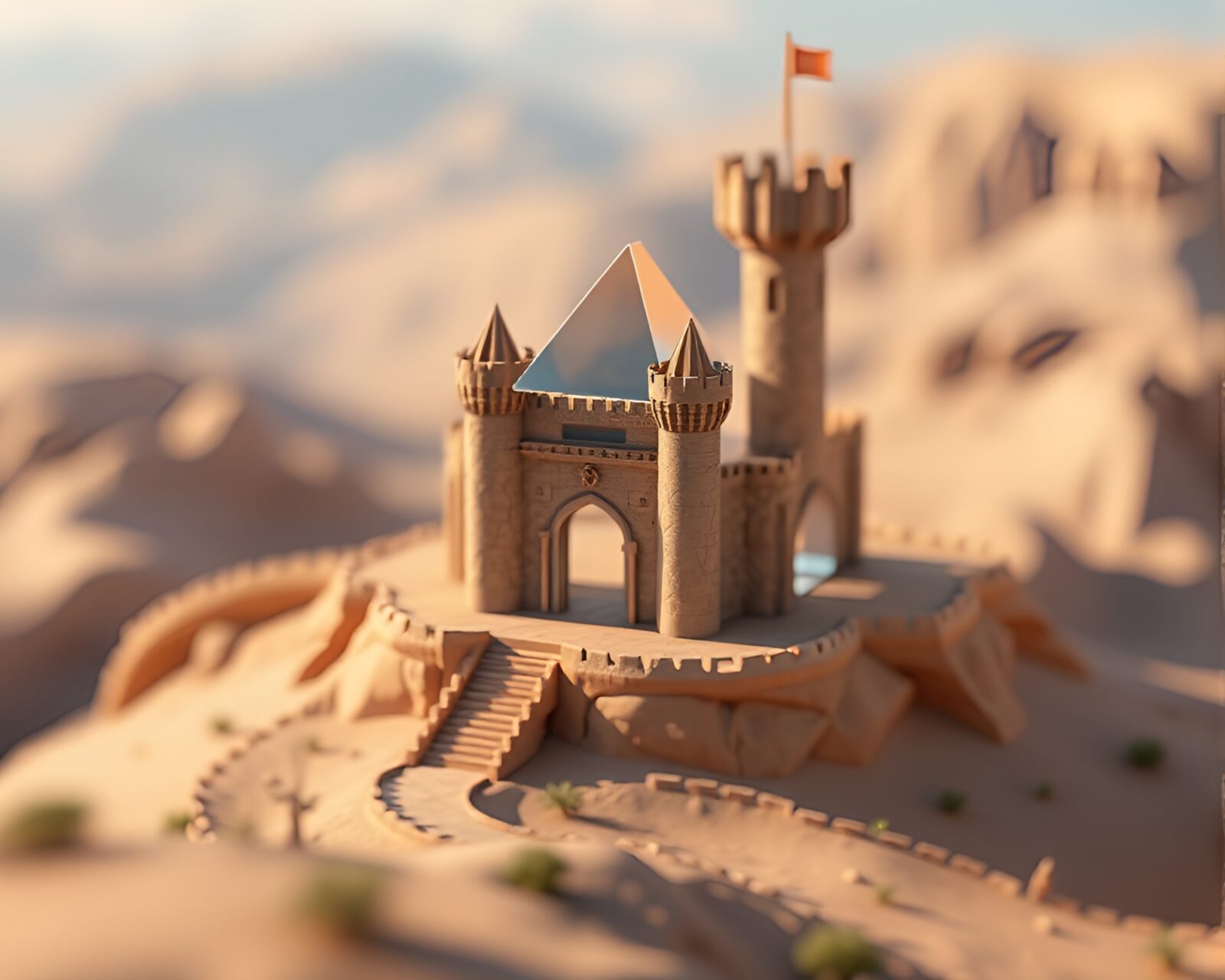 Shimmering deserted castle enveloped in prism light refractions