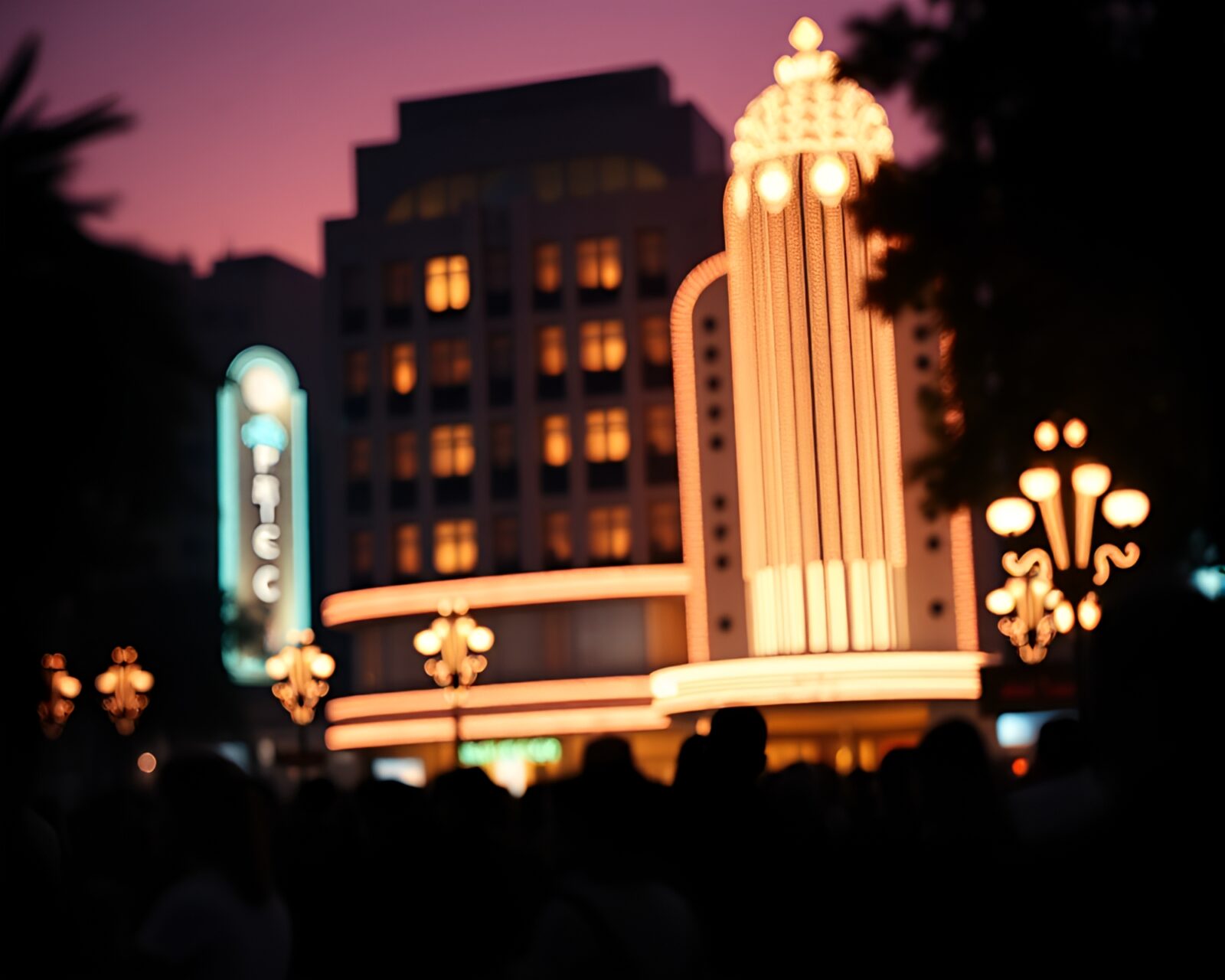 Digital haze with shallow focus on silhouettes outside hotel