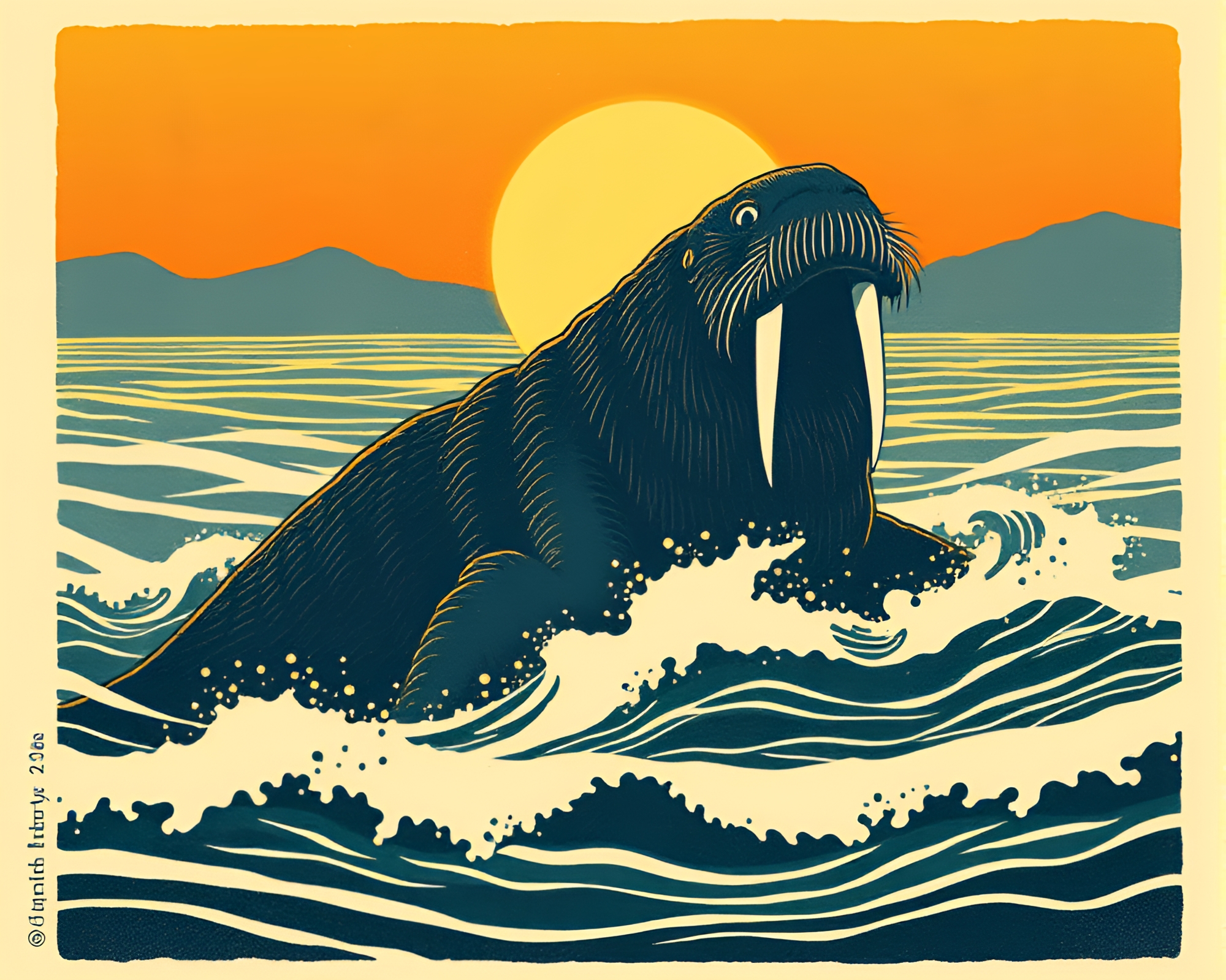 Fantasy Walrus in Morning Golden Light Woodblock Print – free AI stock image
