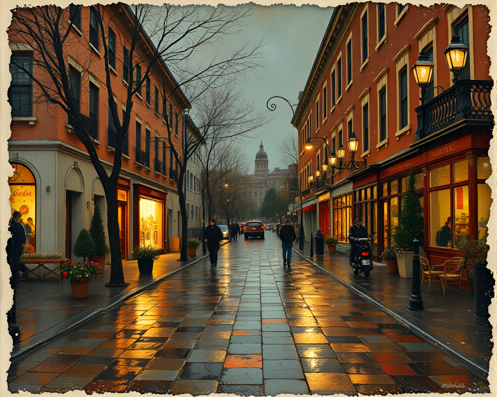 Apple Cider Stall on Rainy Fresco Street – free AI stock image