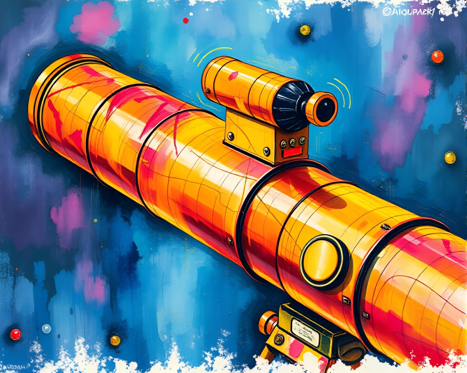 Luminous brass telescope in vivid neon colors with scratch textures