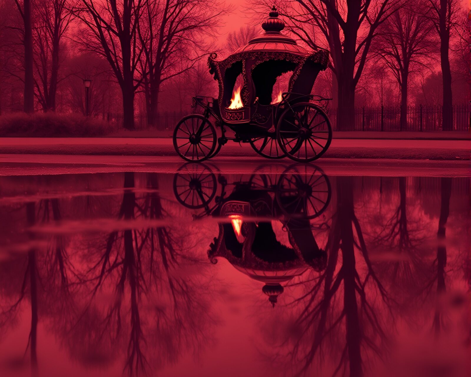 Selective color image of chariot reflected in puddle