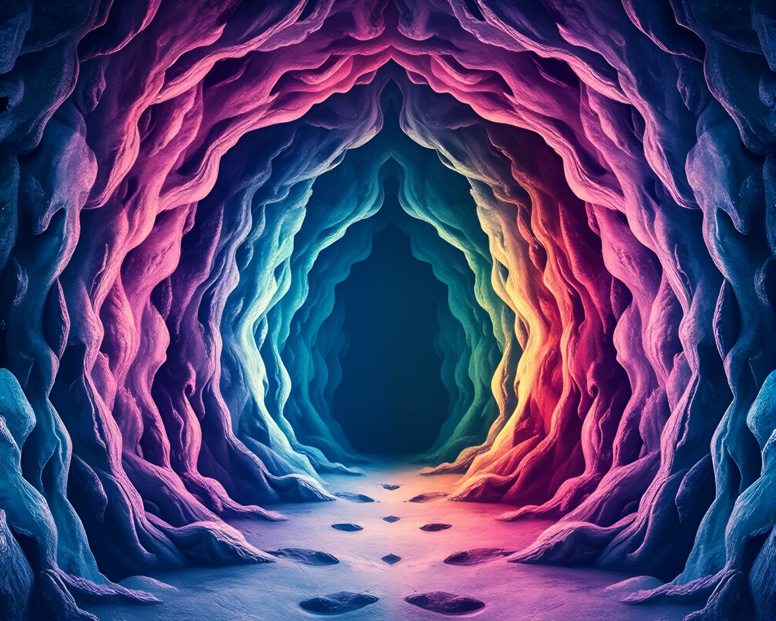 Ethereal cavern with pastel lighting and intricate calligraphy designs.