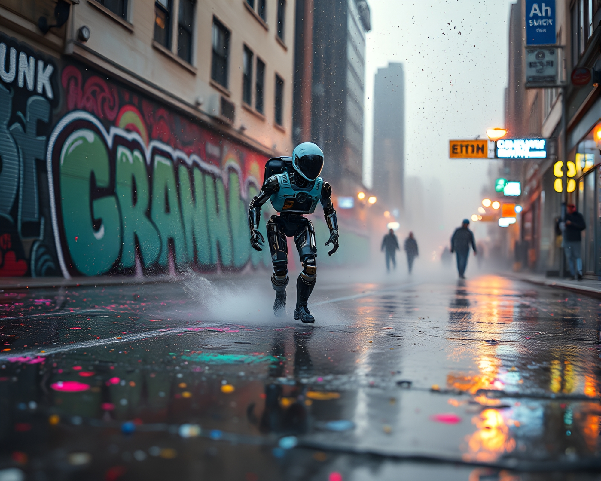Nanobot Swarm on Wet Galaxy Pavement – free AI stock image