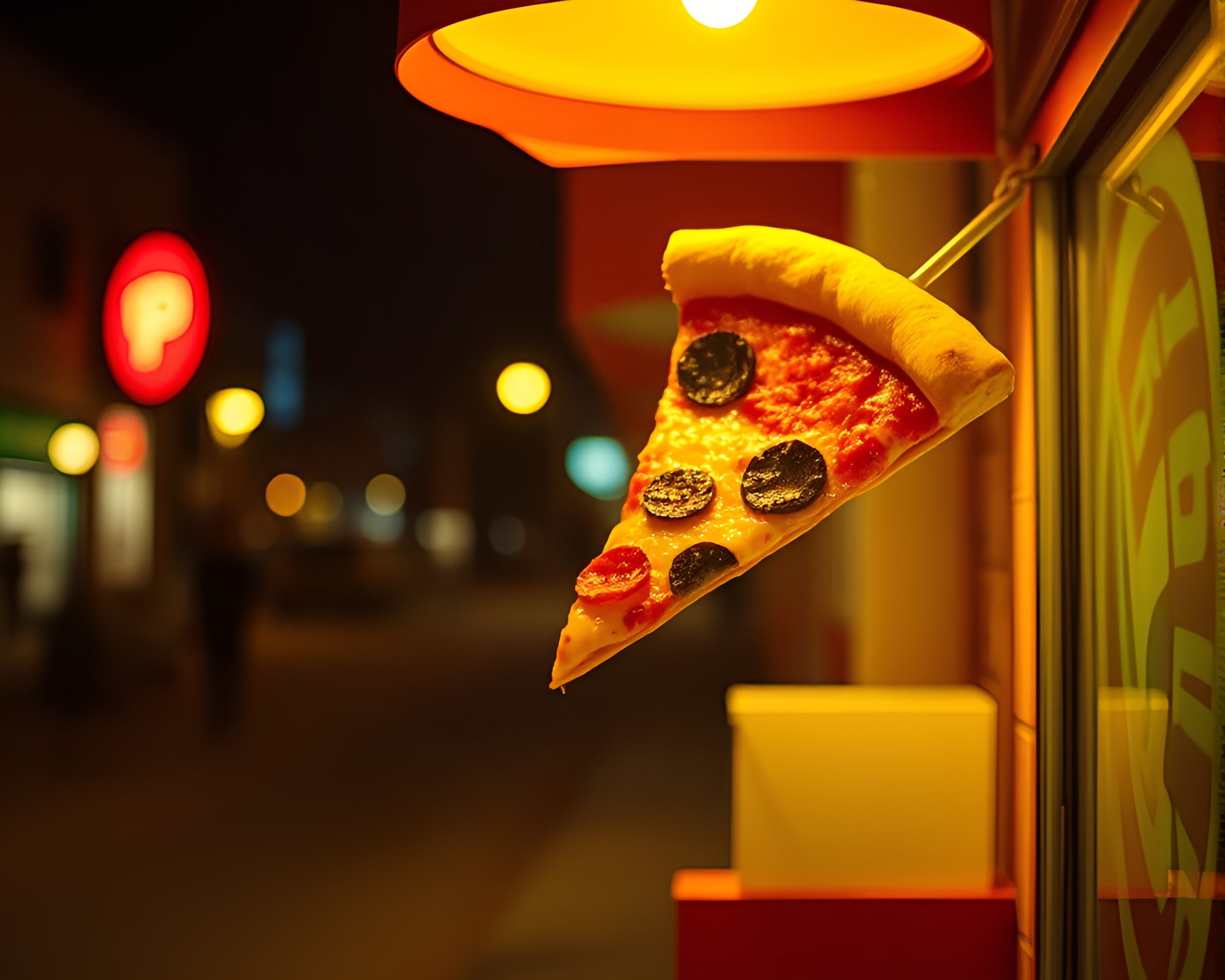 Gilded Pizza Slice under Streetlamp Glow – free AI stock image