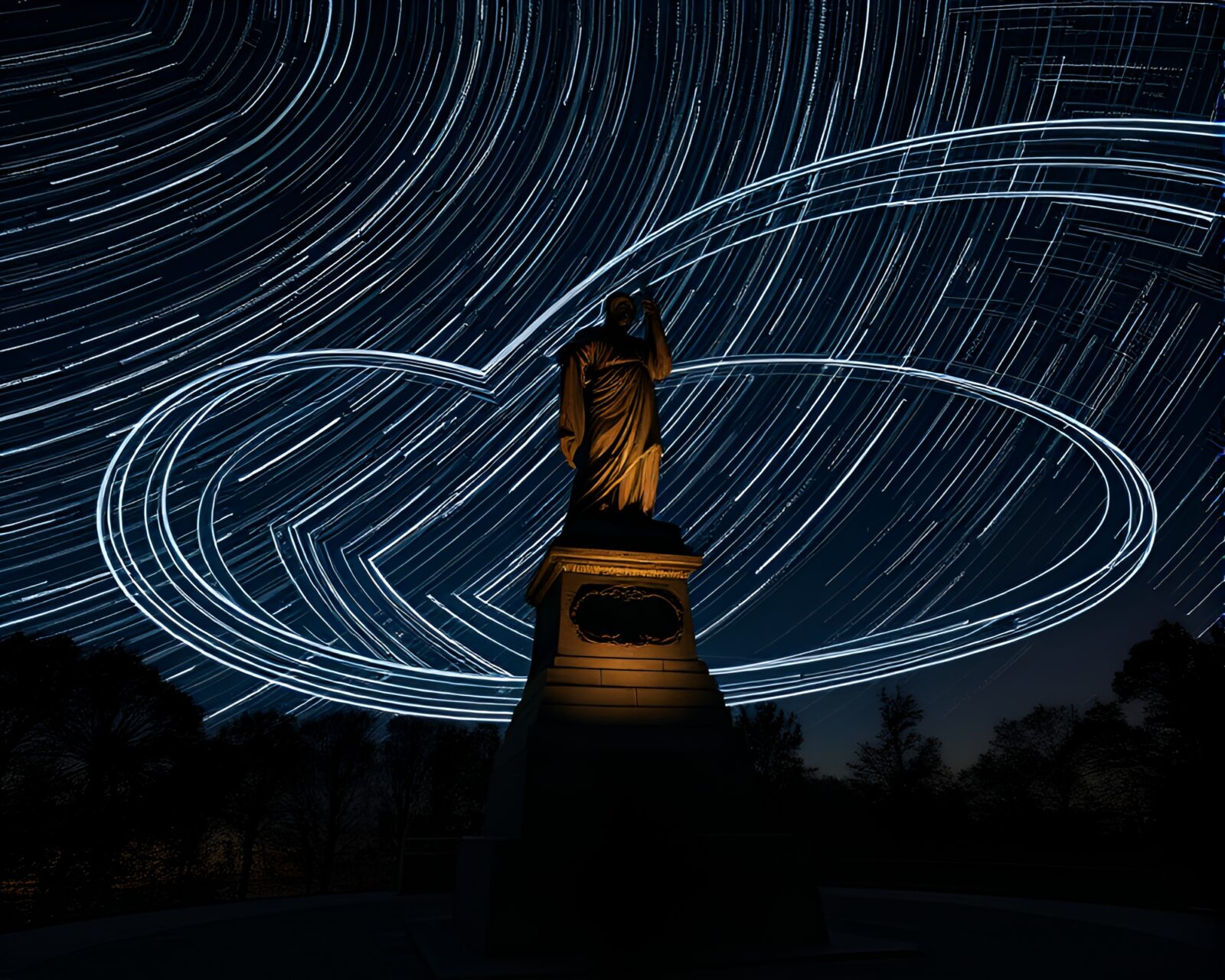 Statue silhouette against swirling wireframe stars in split toning