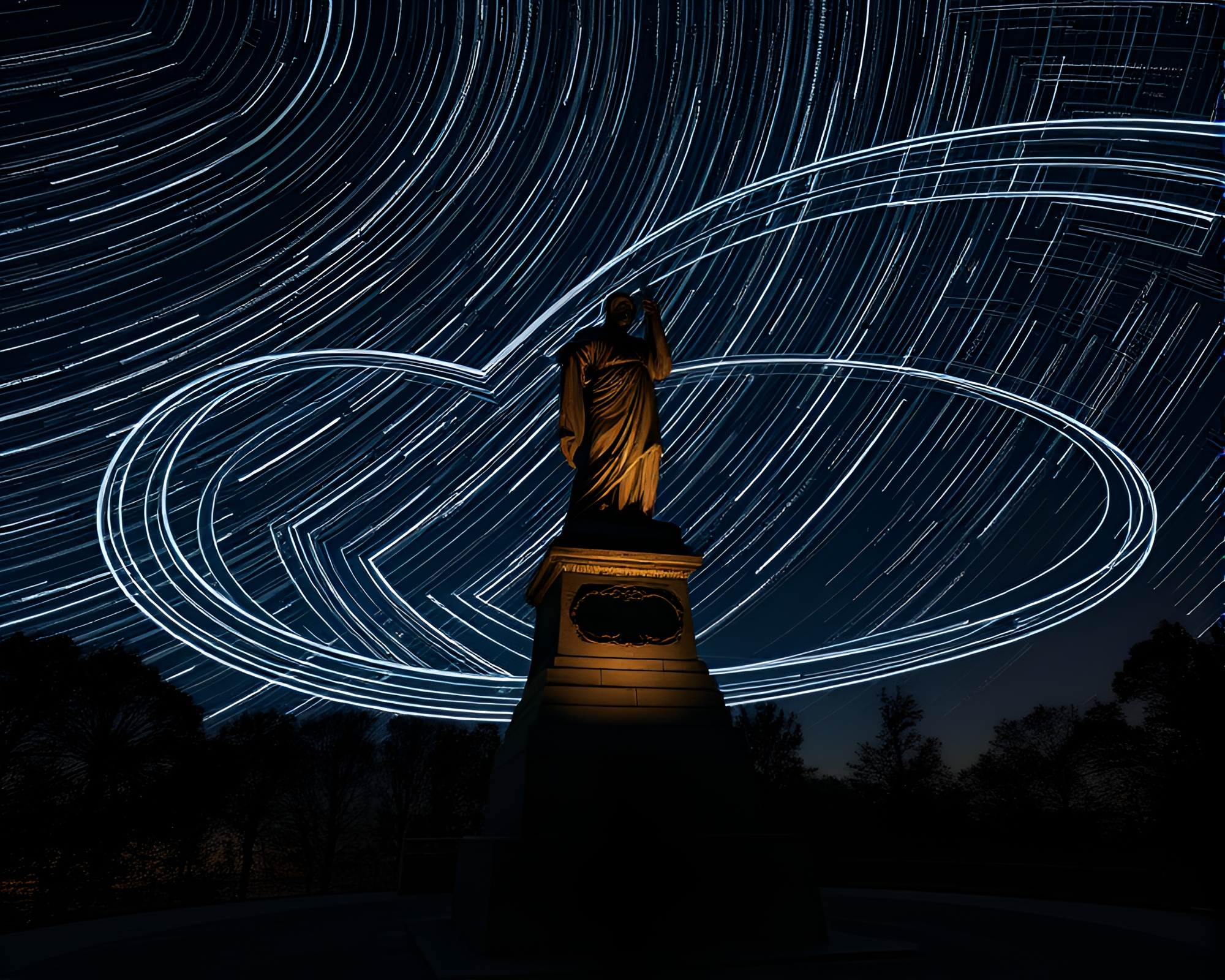 Enigmatic Statue Under Mesmerizing Star Trail Wireframe Sky – free AI stock image