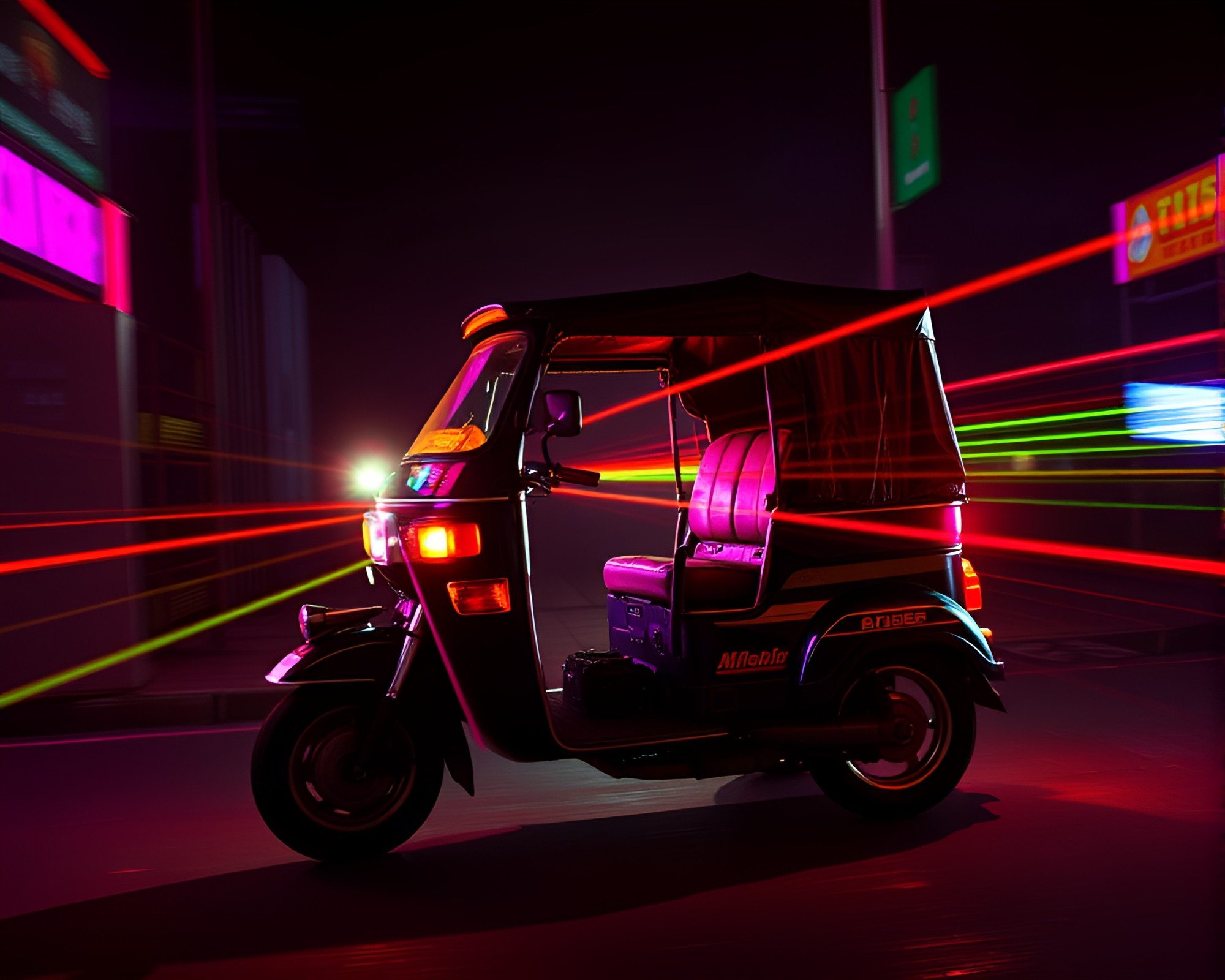 VHS Rickshaw Ride Through Laser Beam Cityscape – free AI stock image