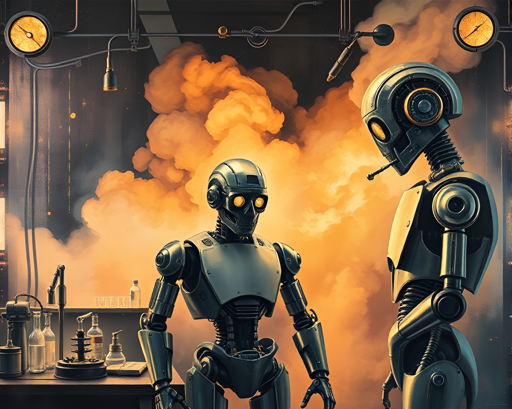 Enigmatic Robotics Lab Mural with Gold Foil Accents – free AI stock image