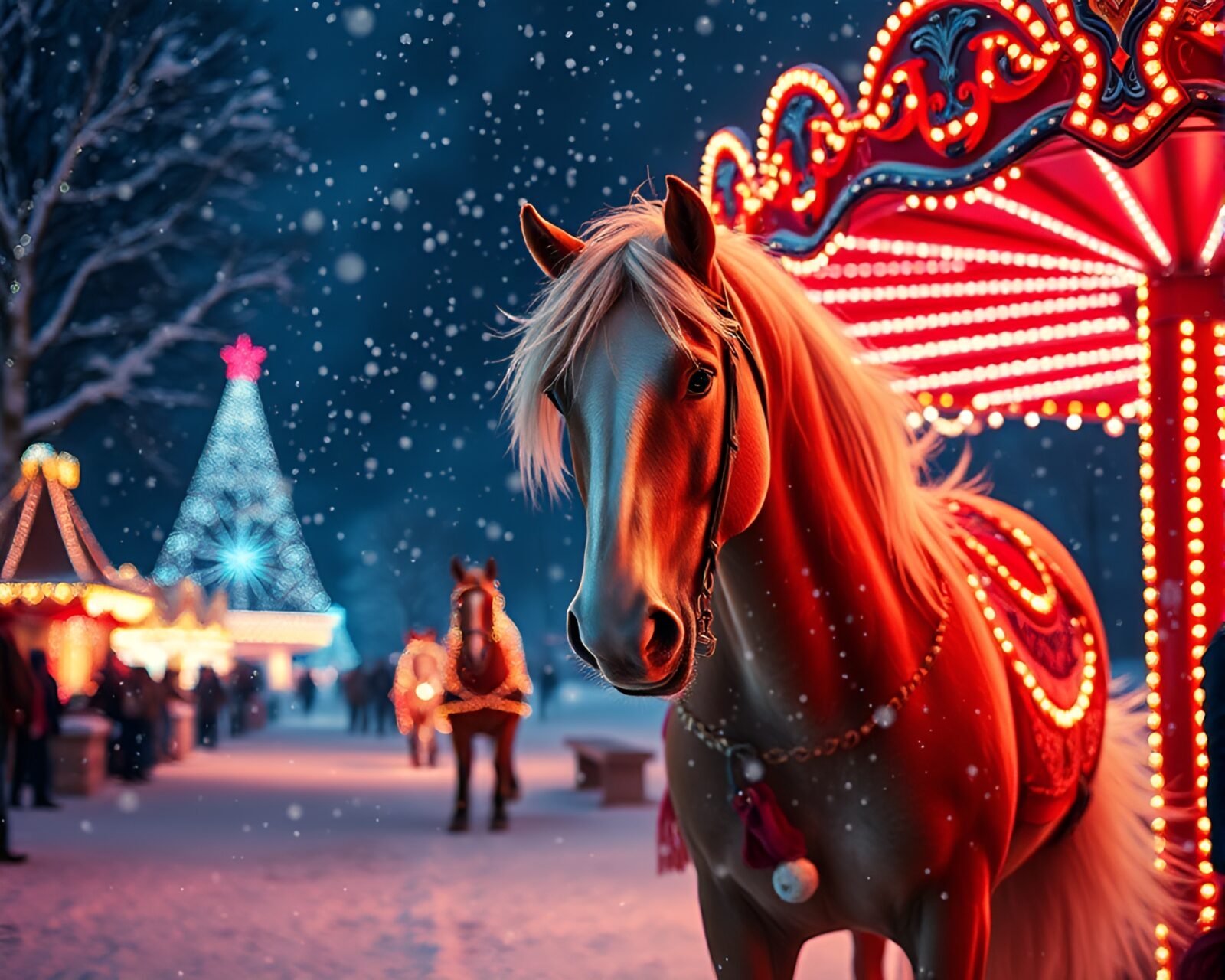 A majestic wild stallion surrounded by glowing snowflakes in a festive setting
