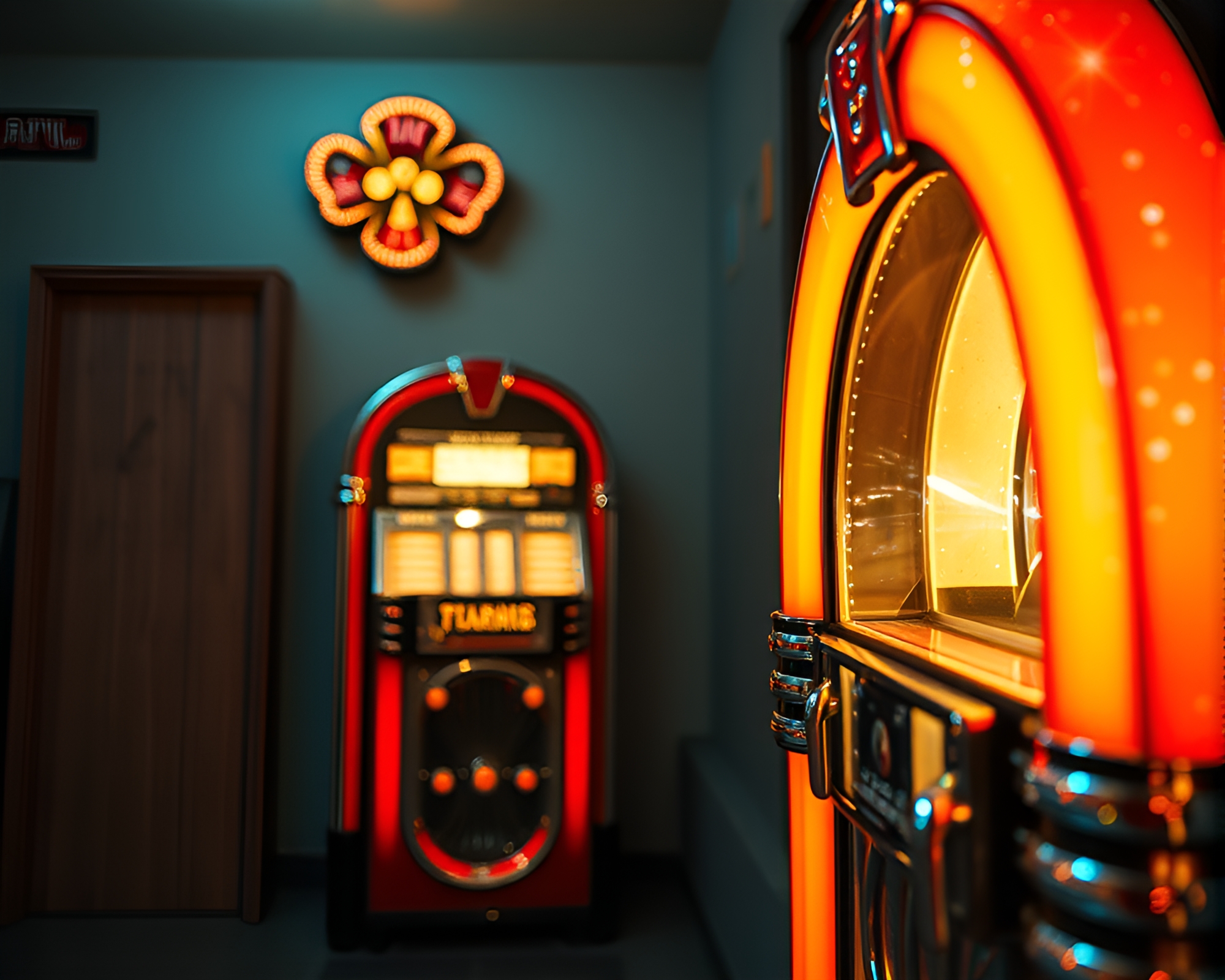 Retro Jukebox Under Dutch Angle Glitter Dust Spotlight – free AI stock image