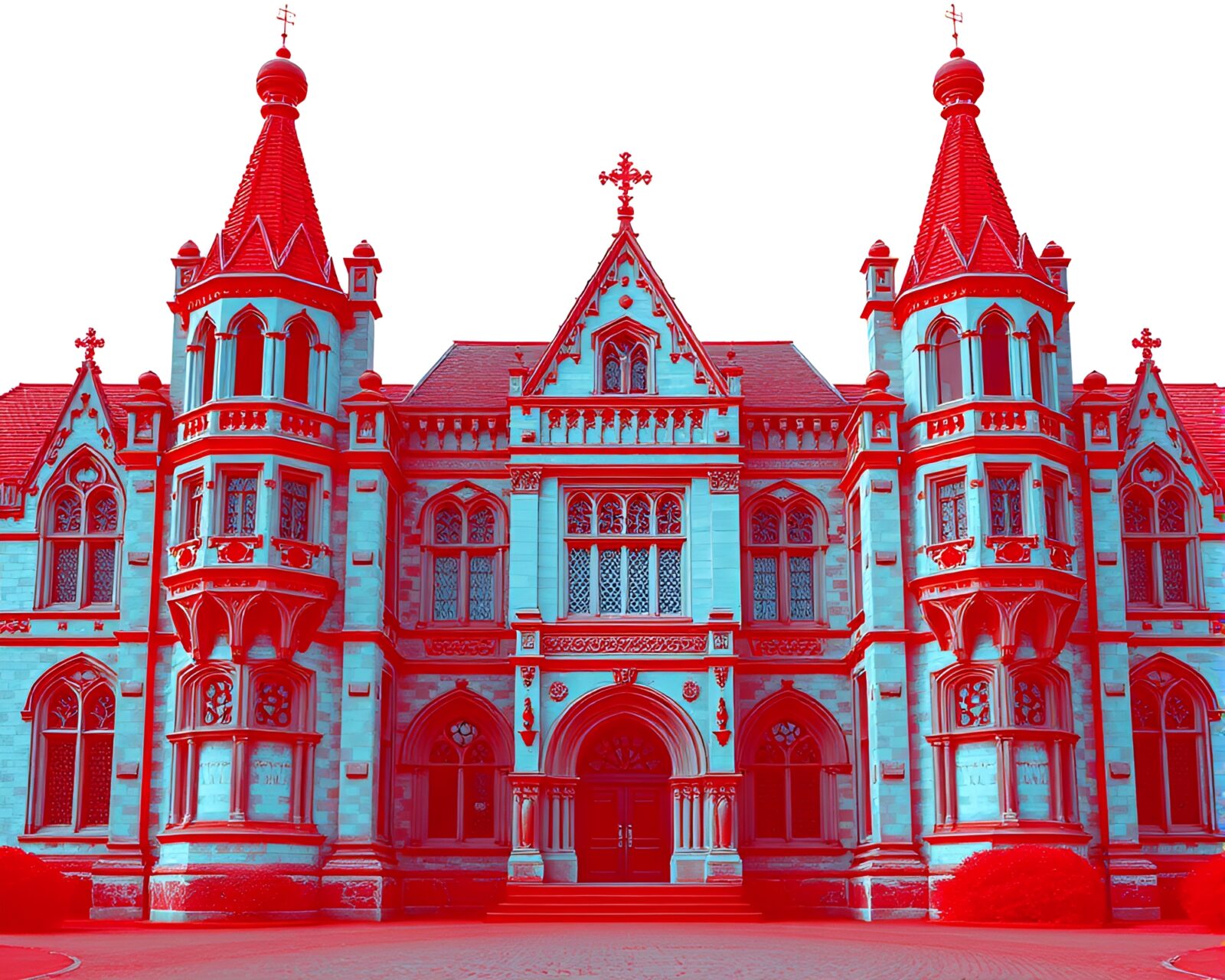 Flat color image of red-blue Neo-Gothic mansion