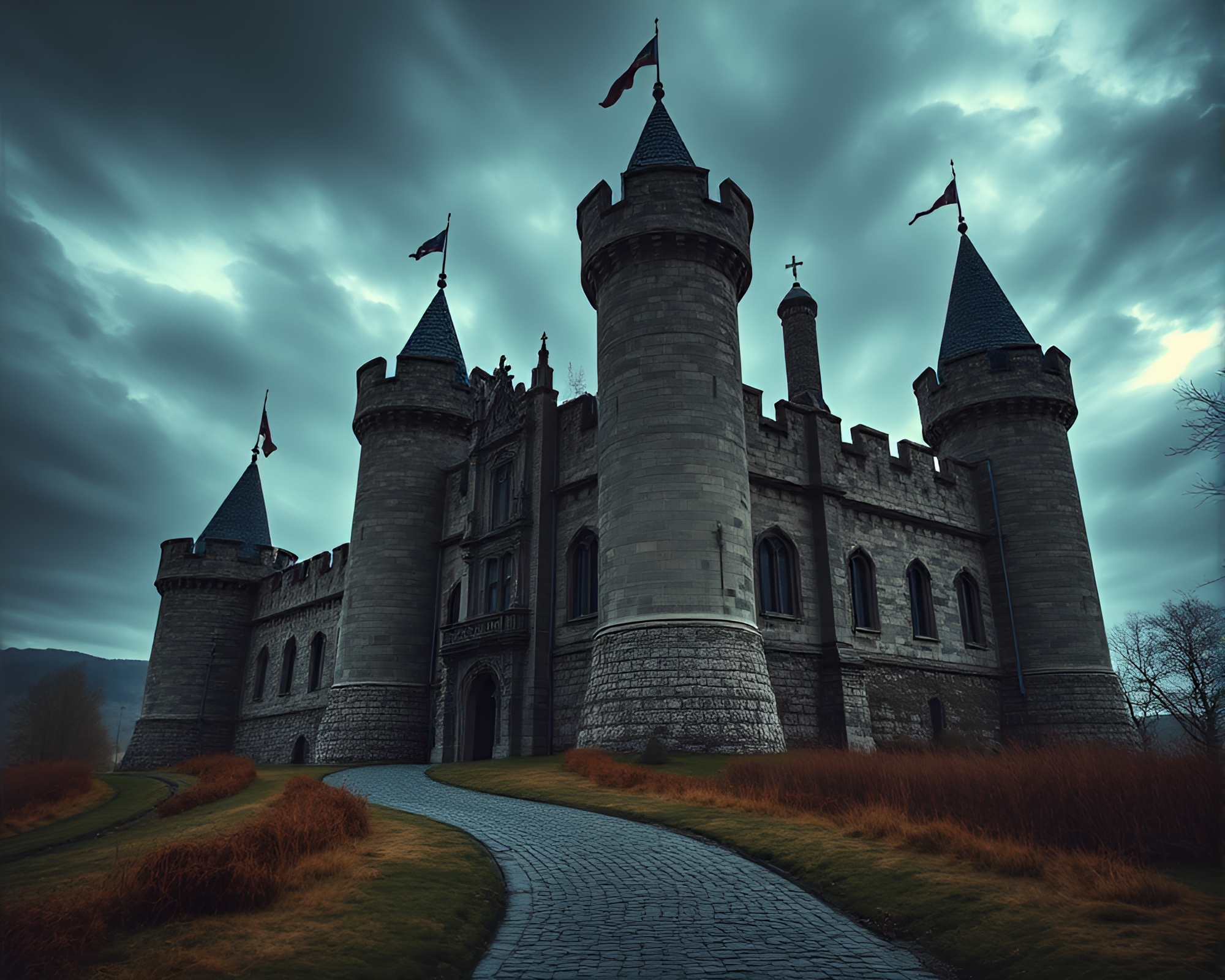 Castle Ruins: Dystopian HDR Exploration – free AI stock image