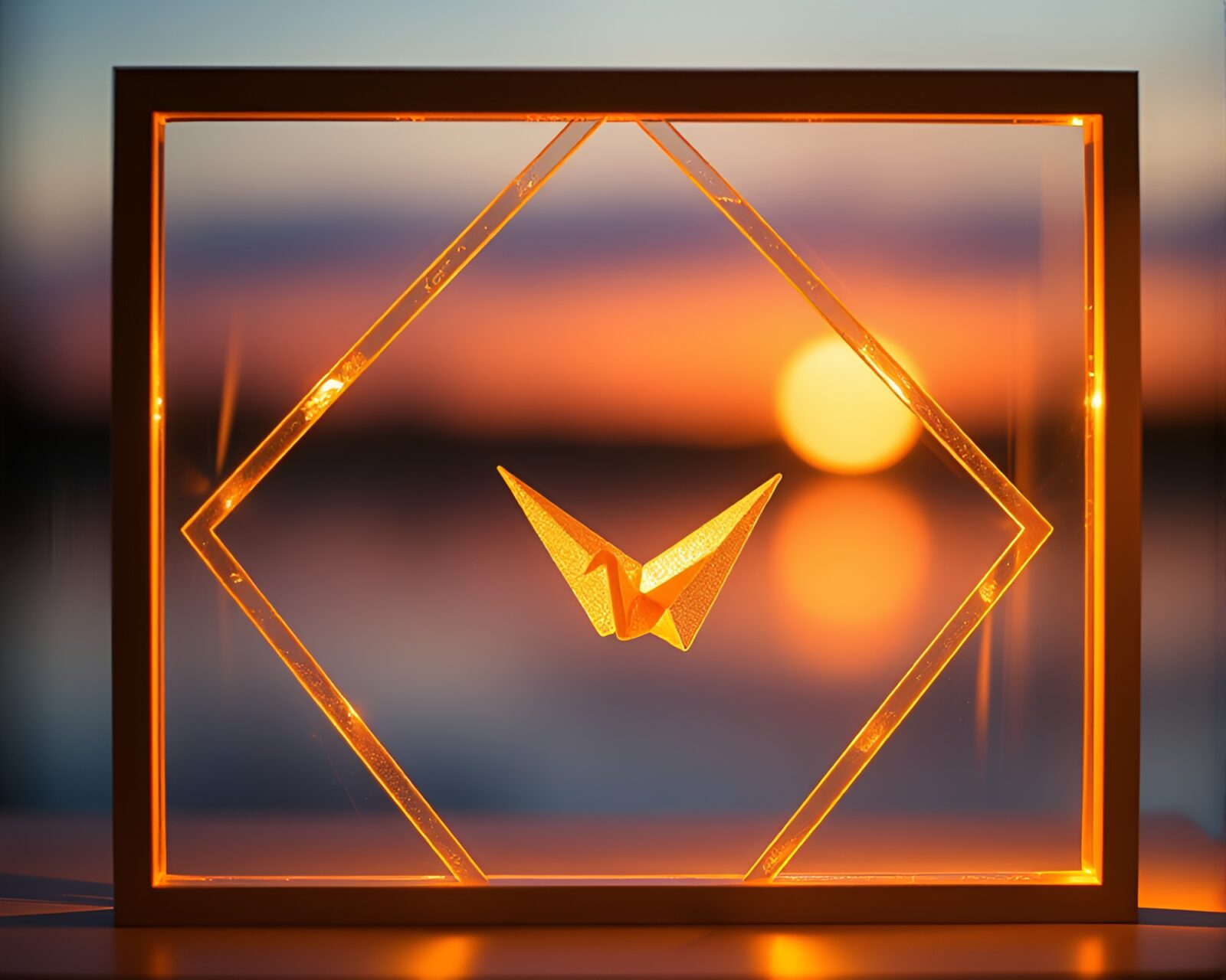 Jewel-tone origami crane beautifully lit within golden hour frames