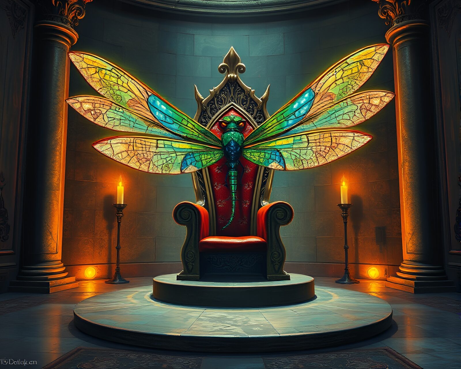 Intricate dragonfly mural in glowing street art throne room