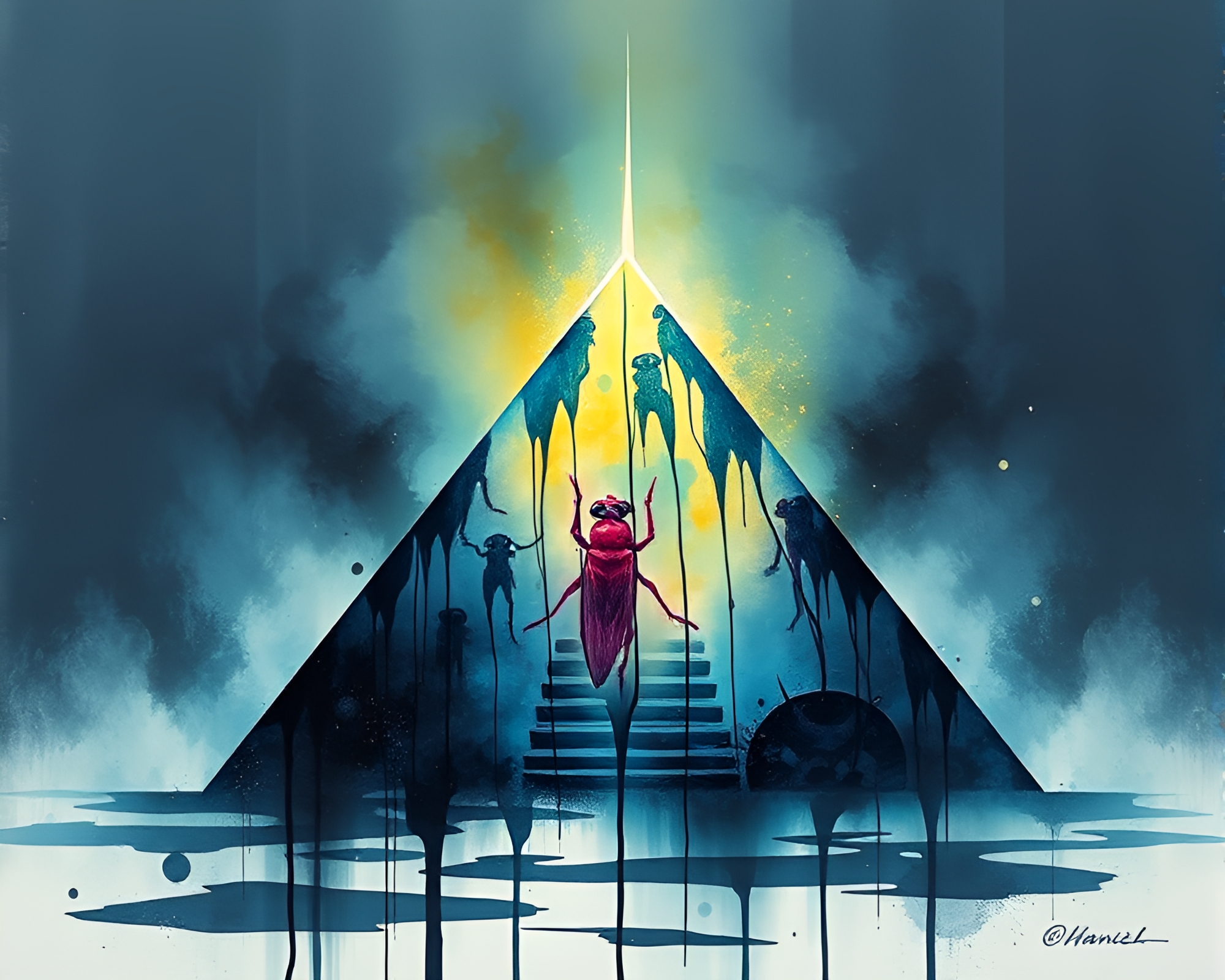 Ink Wash Drips: Firefly Lit Pyramid in Dystopia – free AI stock image