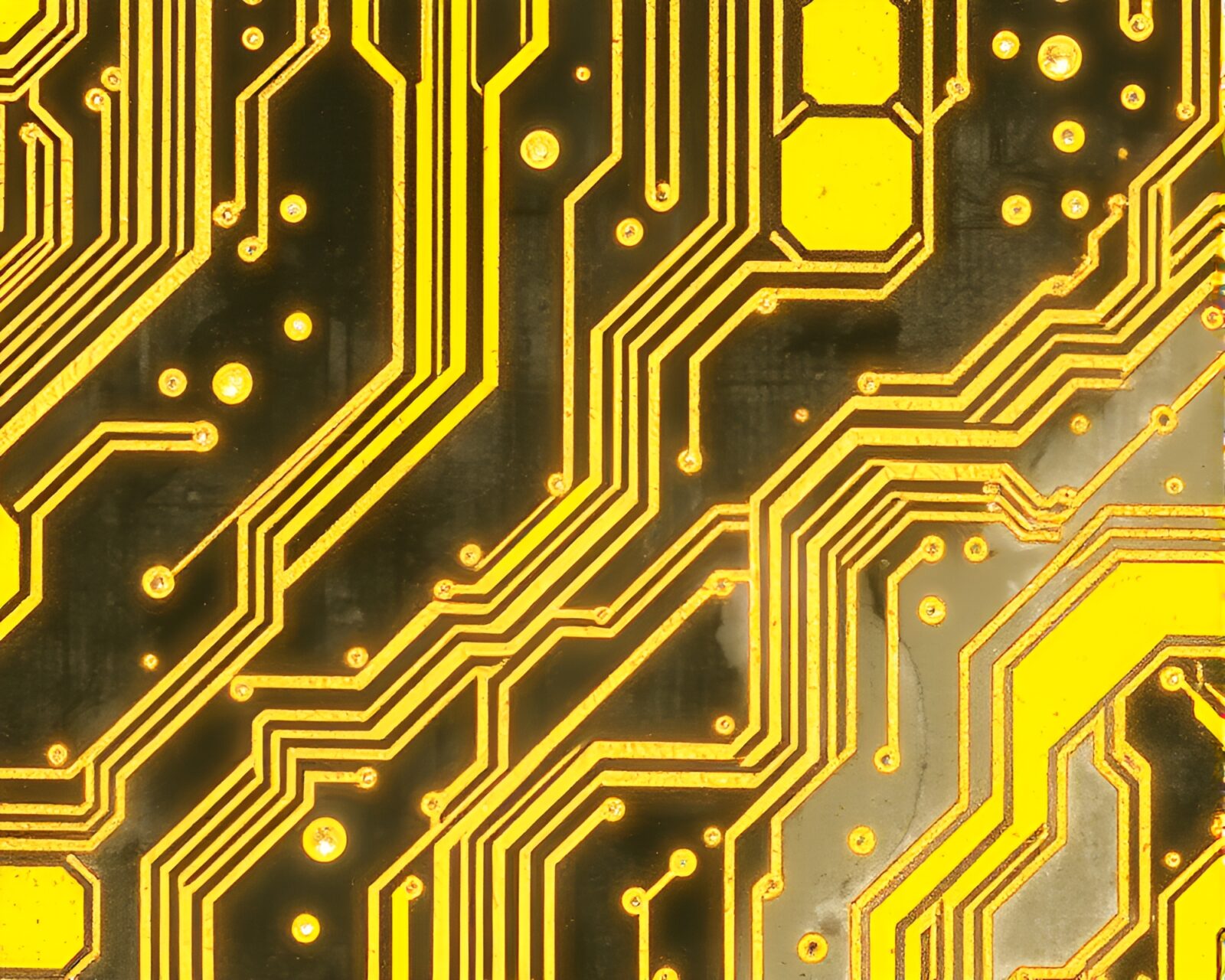 Gilded highlights on intricate circuit board design in lemon yellow ink wash