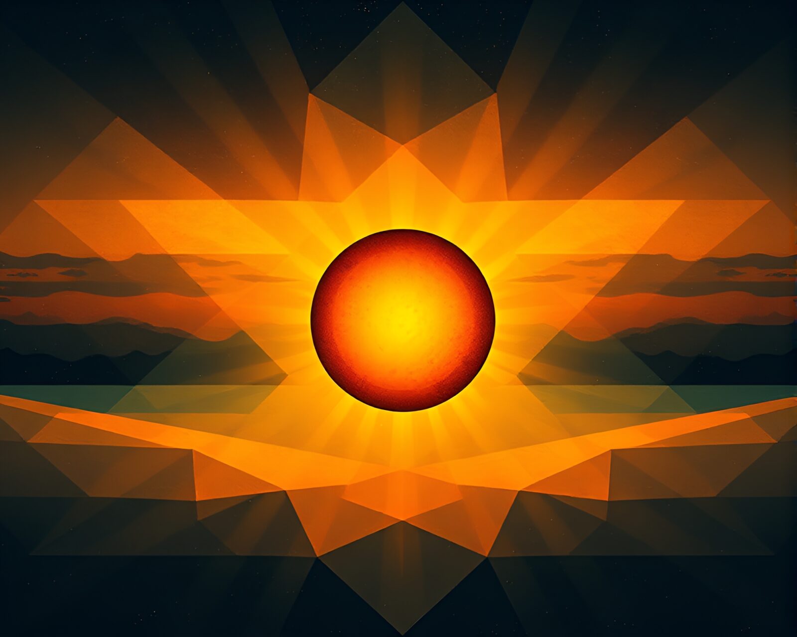 Washed-out colors eclipse framed by intricate geometric patterns