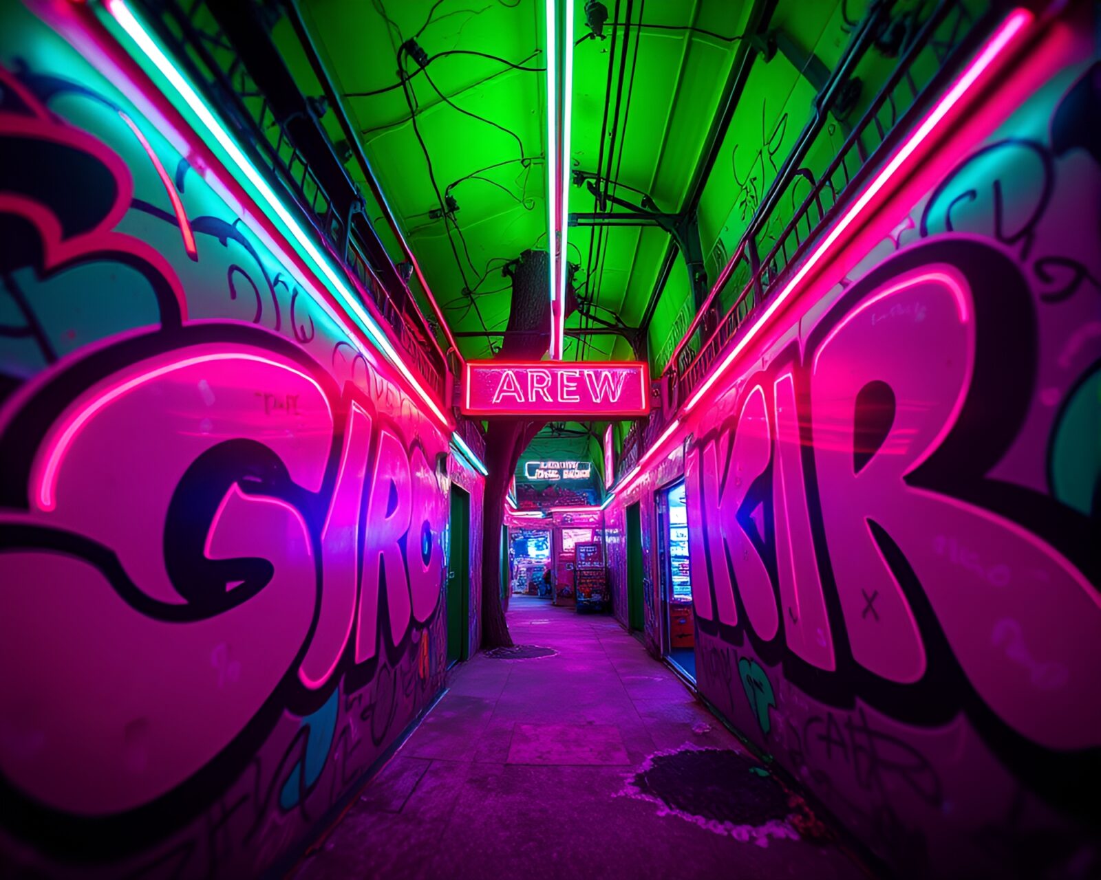Fisheye view of a neon-lit forest with retro-futuristic vibe