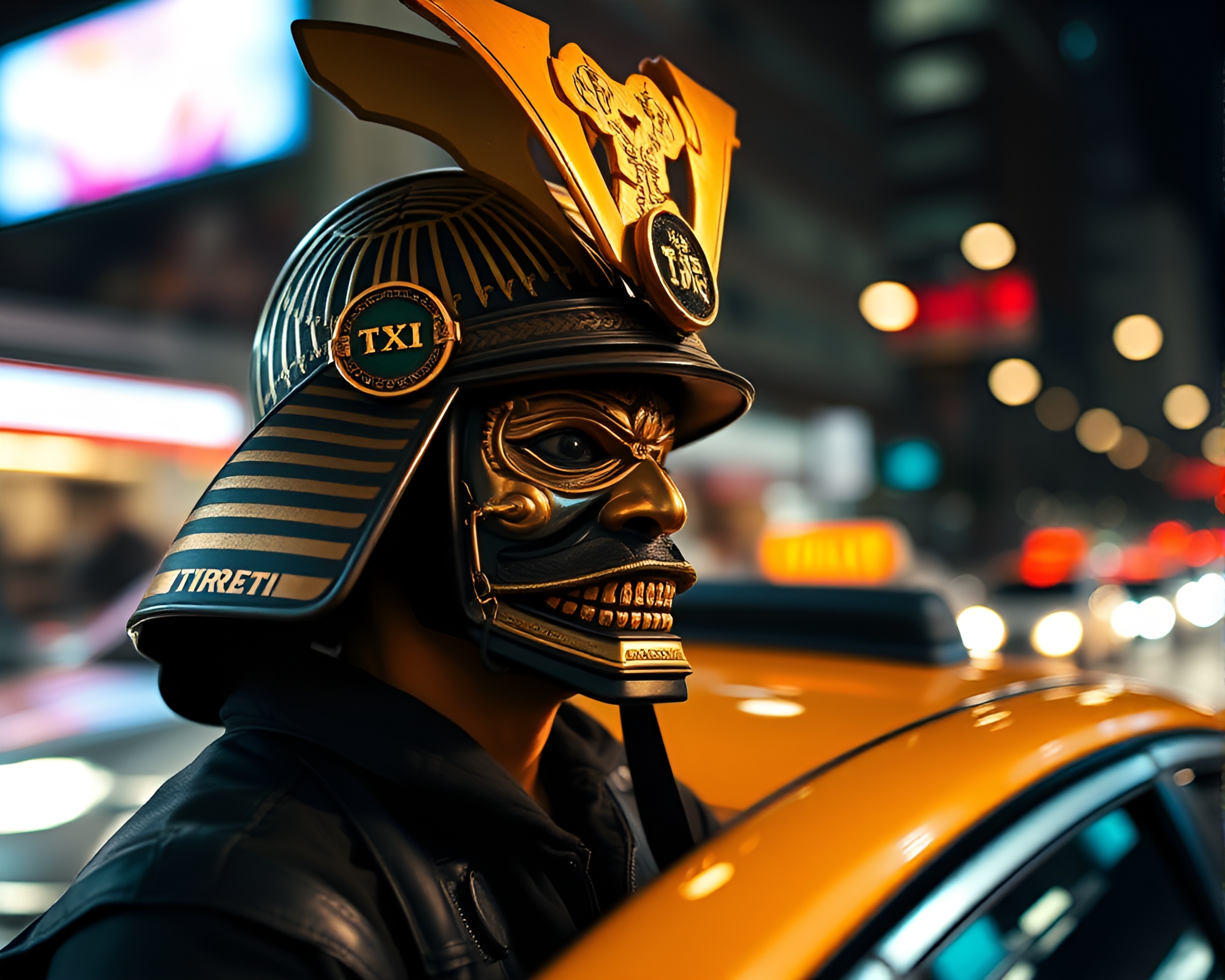 Samurai Warrior in Taxi Traffic at Night – free AI stock image