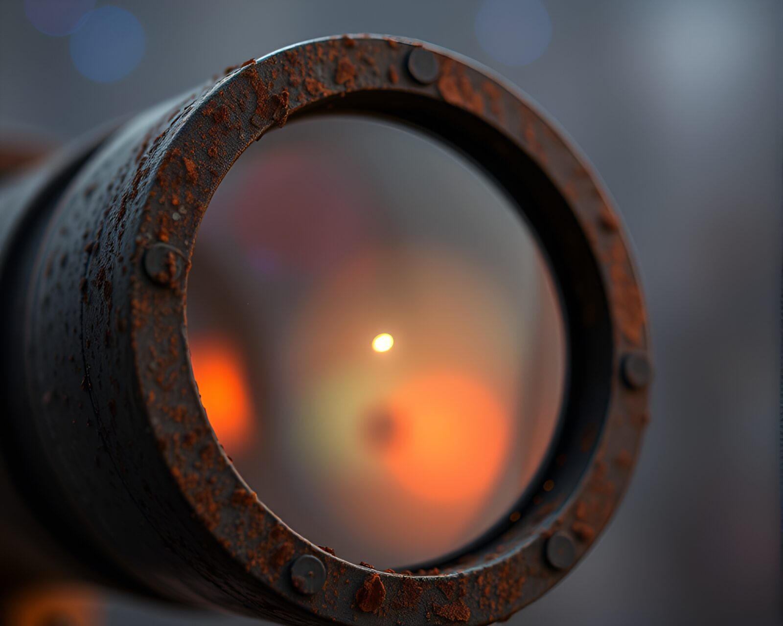 Rusted telescope with cosmic rainbow lights and flaking texture