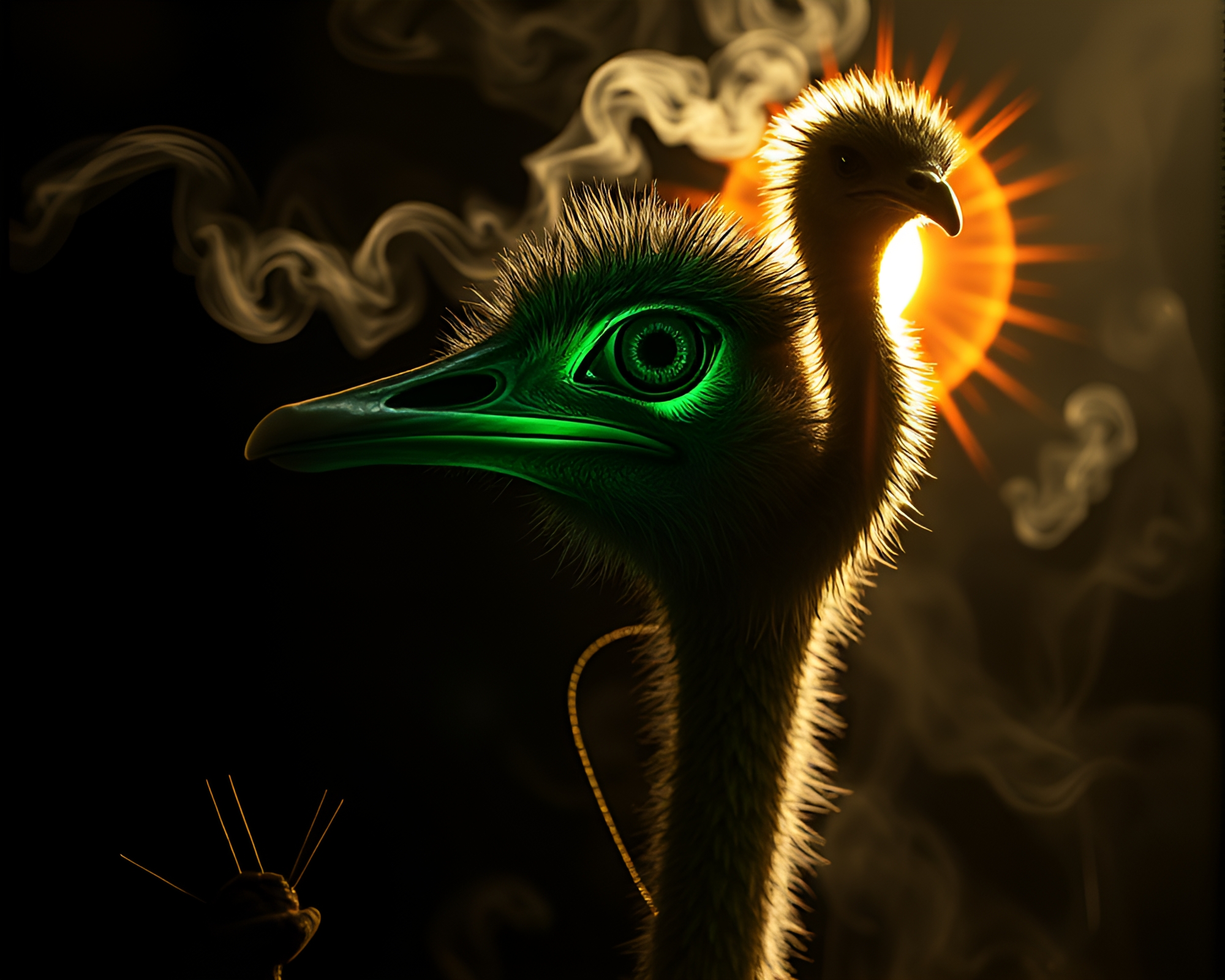 Engraved Ostrich Under Solar Flare Glow – free AI stock image