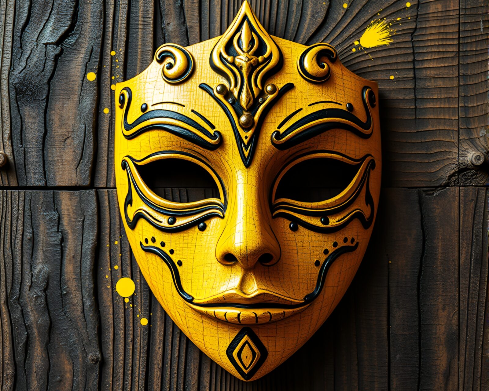 Abstract glitch art image of lemon yellow Venetian mask on wood grain