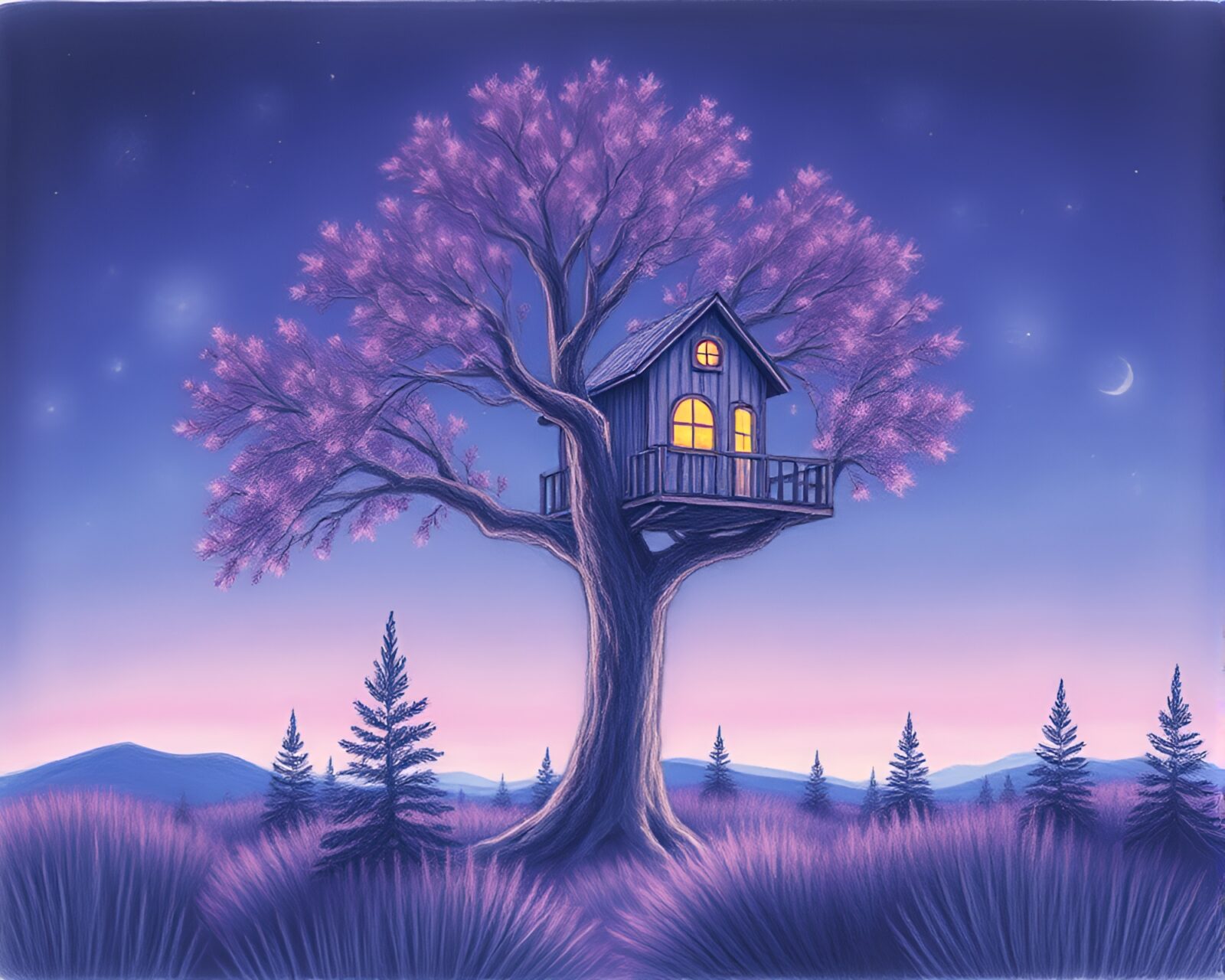 Fiber optic adorned treehouse in tranquil twilight setting