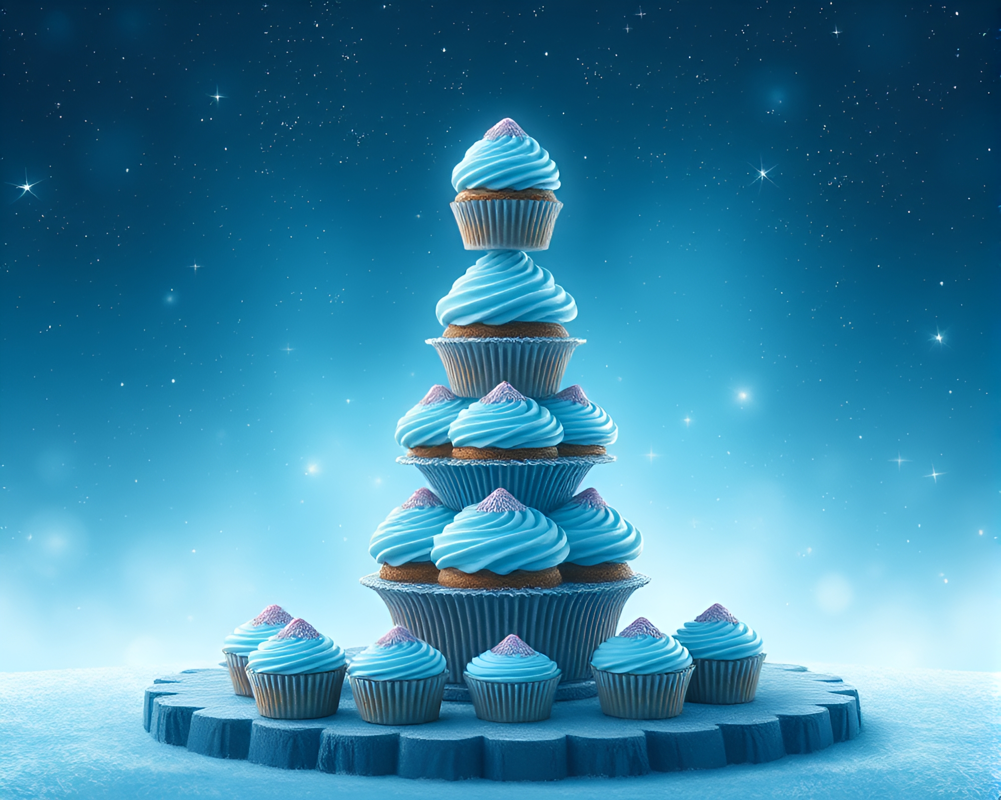 Cupcake Tower in Ice-Blue Glow Frame – free AI stock image