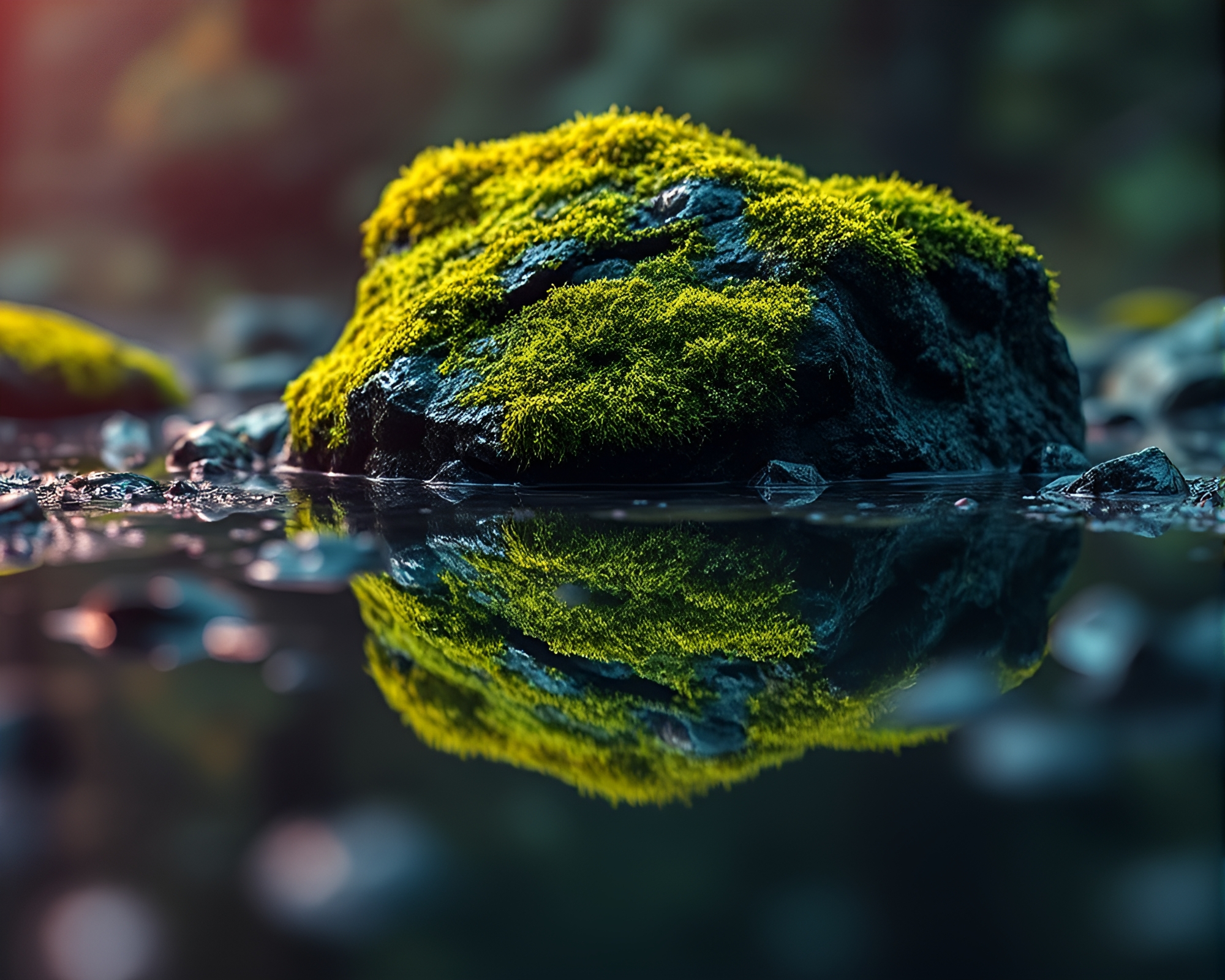 Neon Moss-Covered Rock Reflection Wireframe Render – free AI stock image