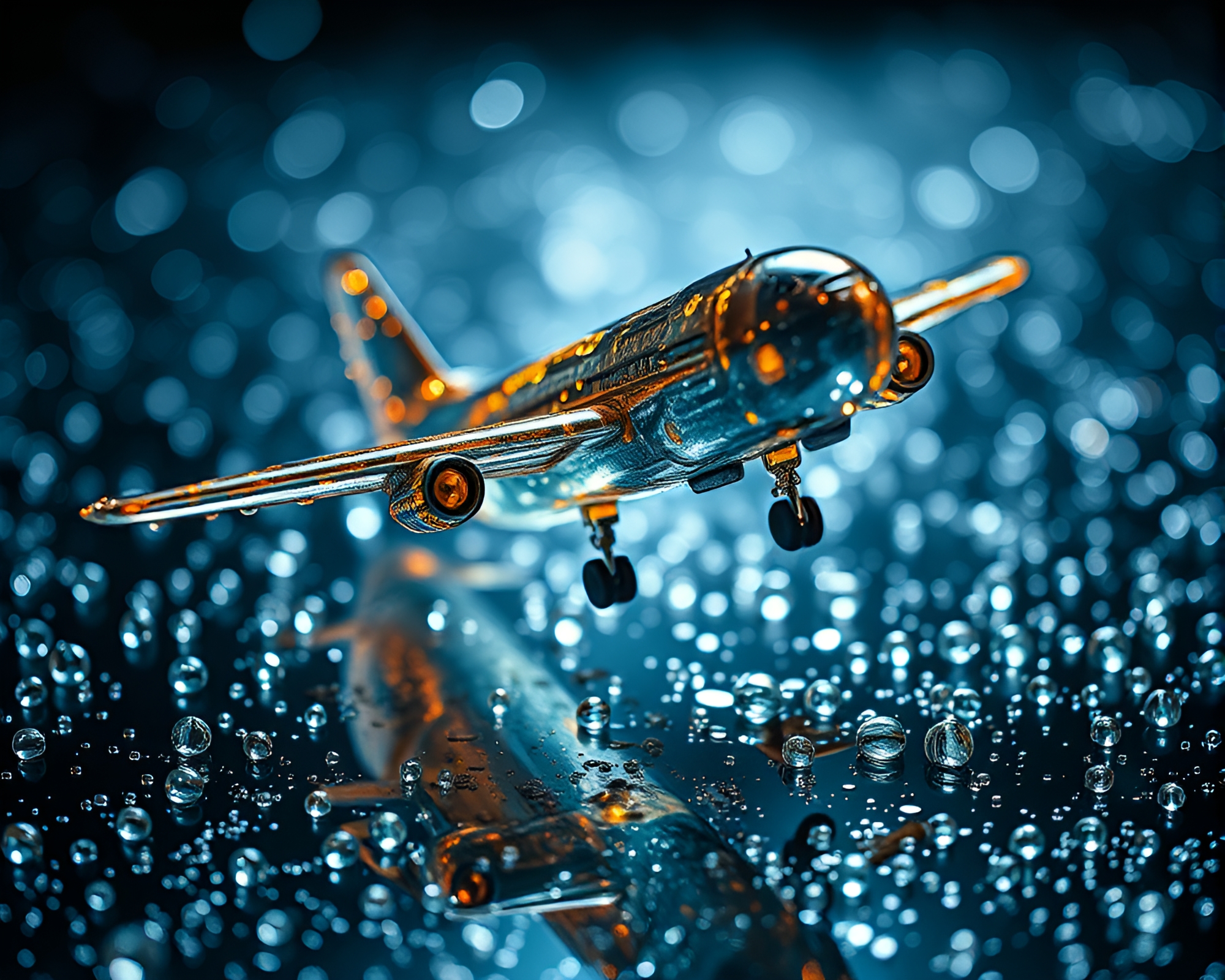 Airplane in Flight Through Wet Glass Beads – free AI stock image