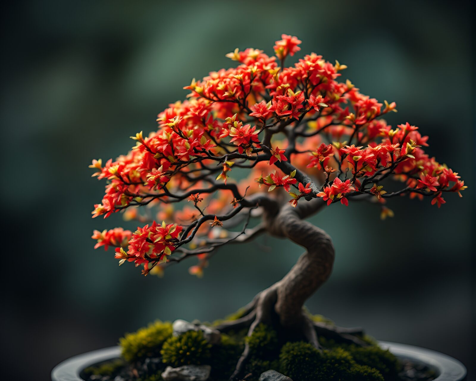 Miniature bonsai tree in underexposed moonlit close-up